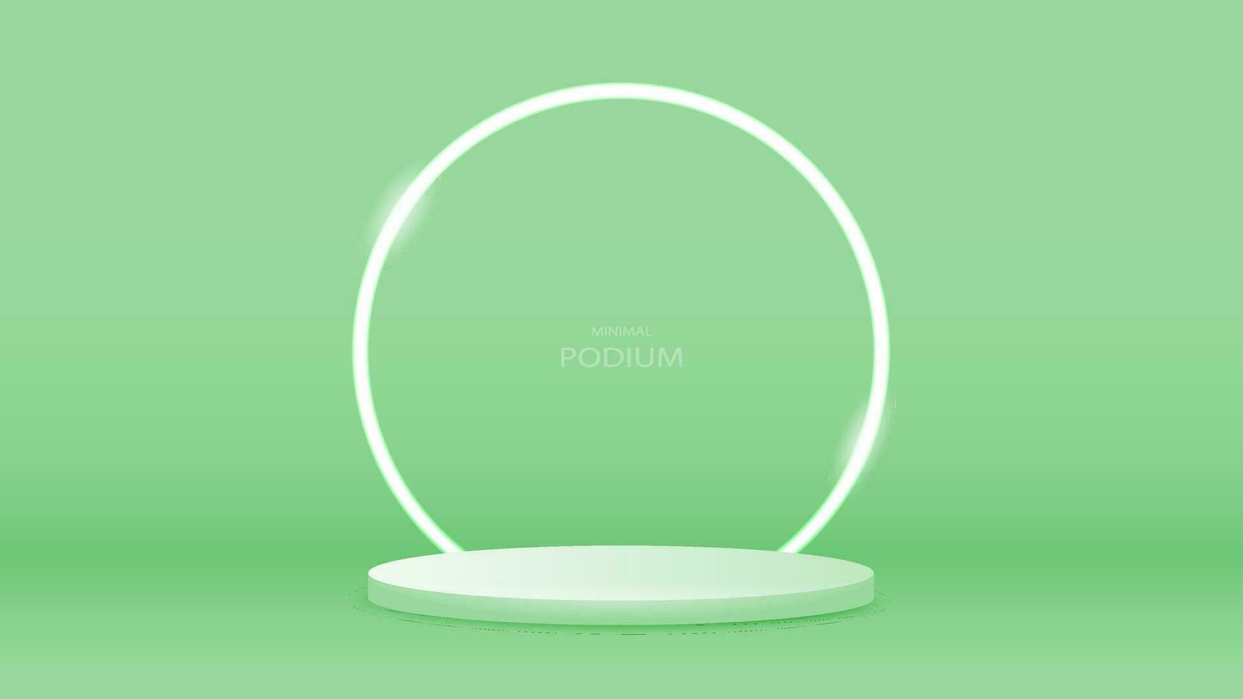 An empty podium with a neon makeup frame. A platform with a bright shiny arch on a green background. vector