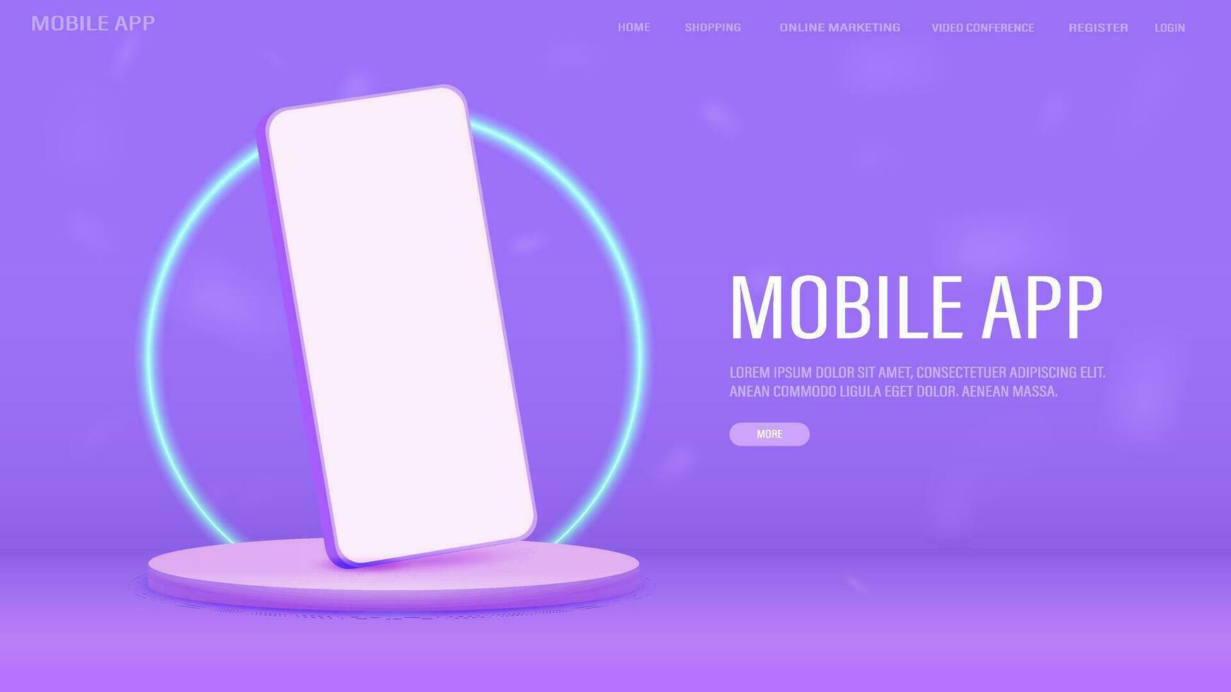 A web banner for a mobile application and online shopping with a mobile phone layout. A smartphone on the podium in purple and pink with a green frame. vector