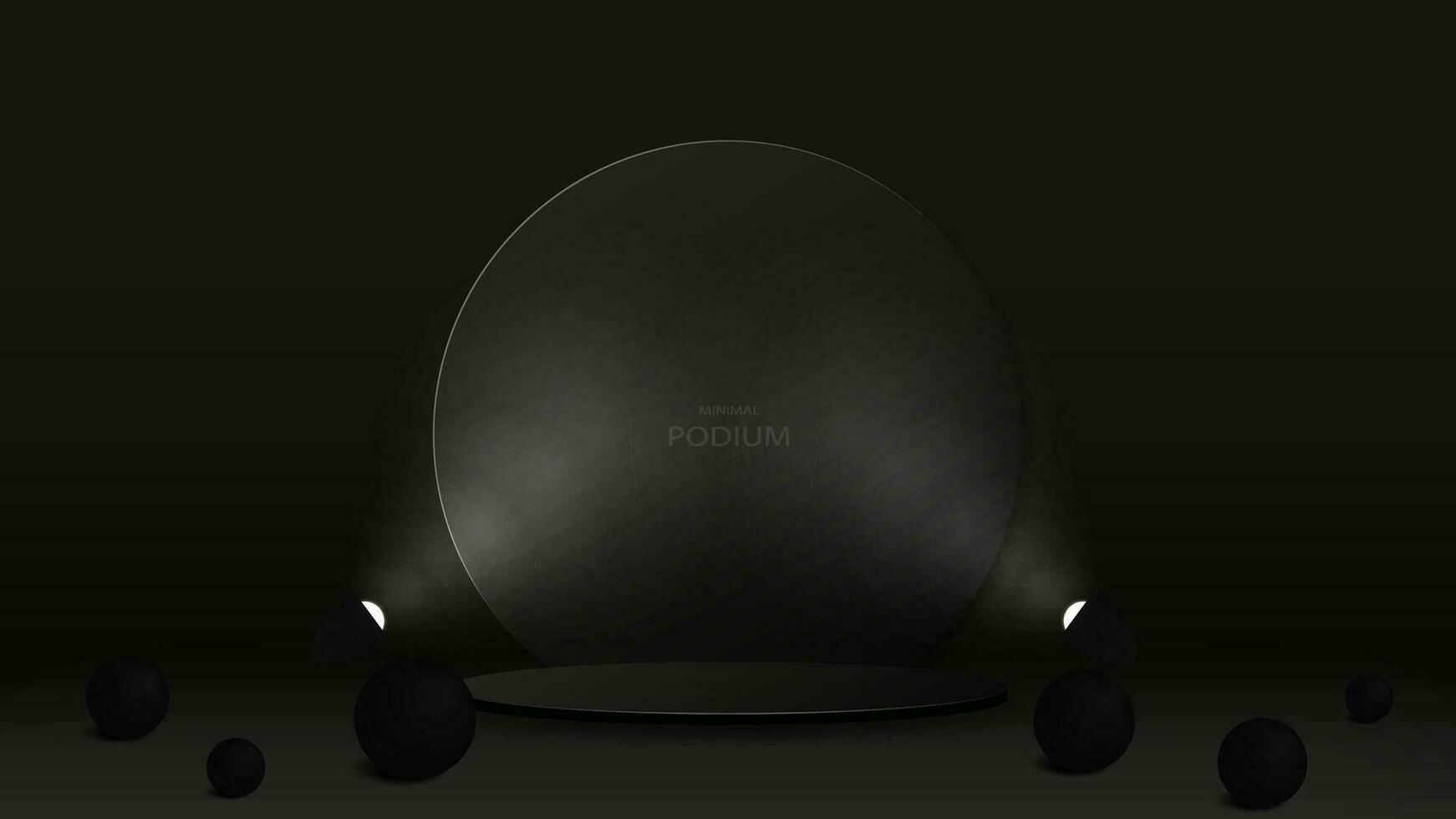 An empty black podium with glowing spotlights. A platform with a glass frame and black glossy balls. vector
