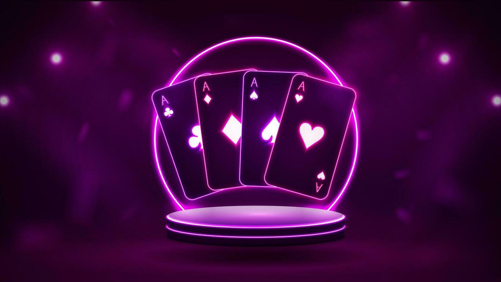 Neon poker cards on a bright podium with a round arch on a dark purple