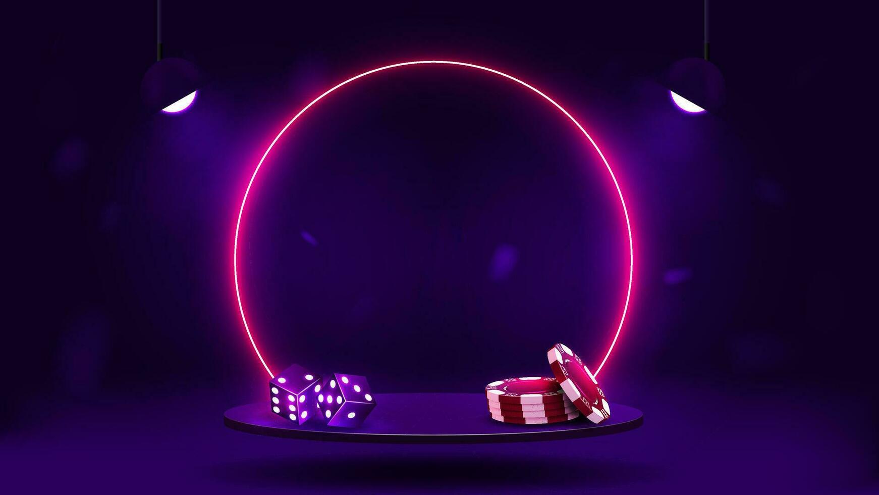 3d empty podium with dice and poker chips. Platform with neon bright glowing frame in blue and purple. Casino background. vector