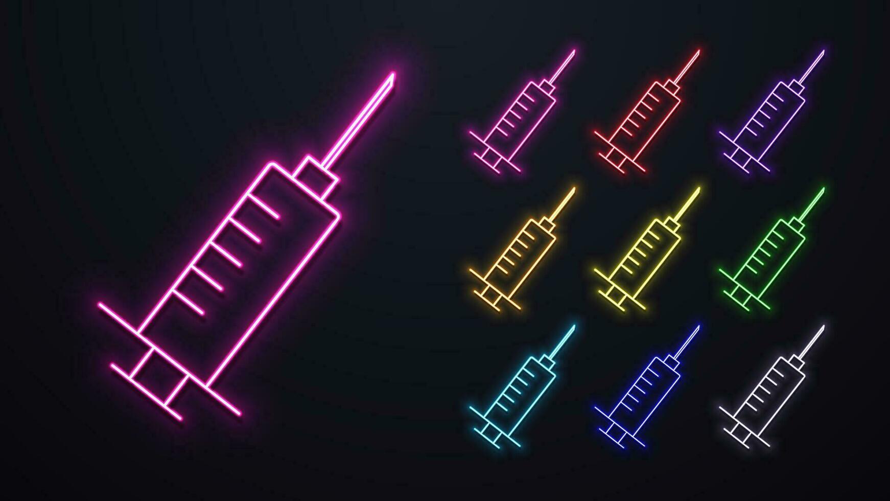 A set of bright neon icons of syringes for injections of different colors. vector