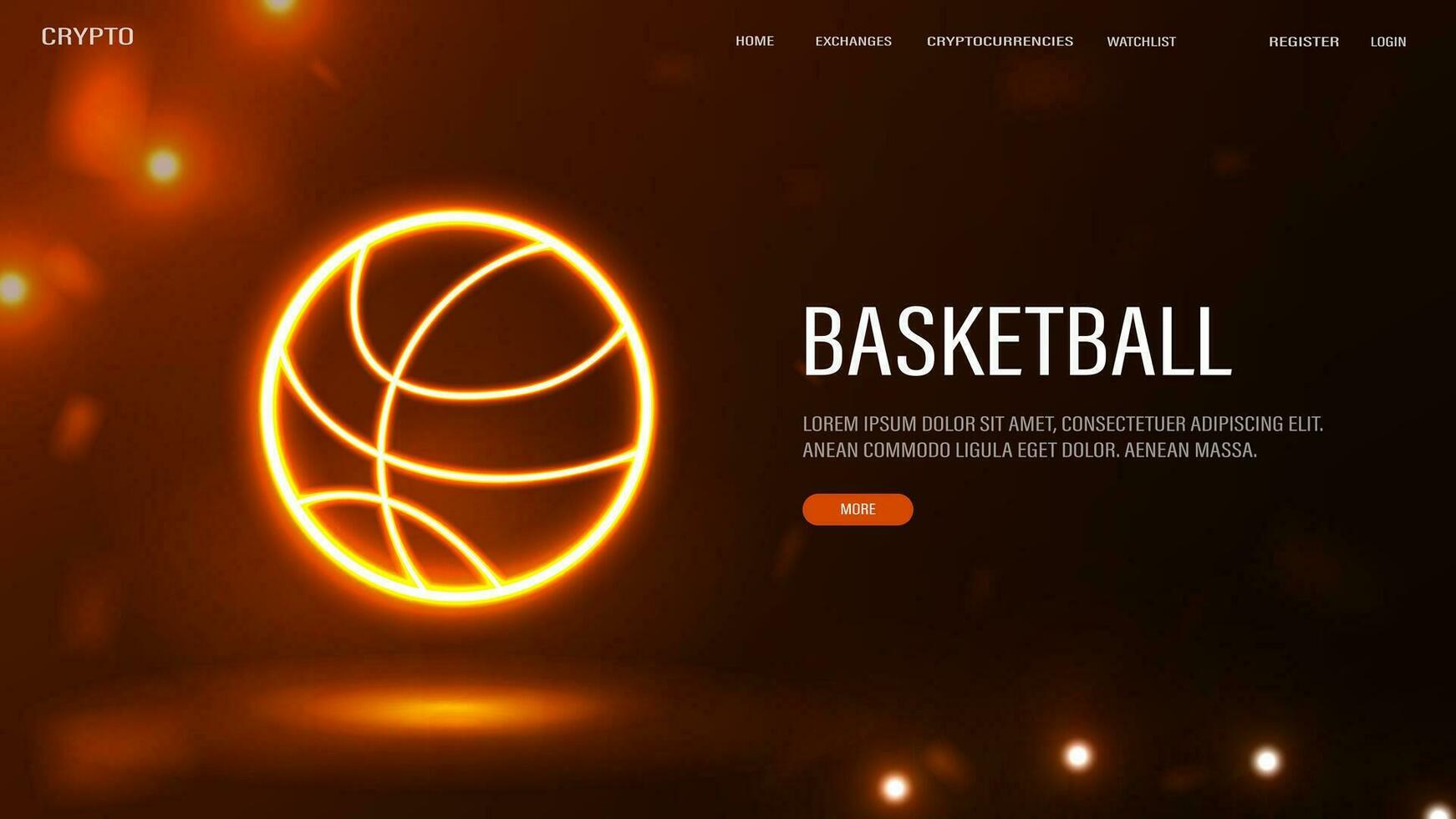 A web banner with a bright neon basketball ball on a dark orange background. A sign on the theme sports. vector