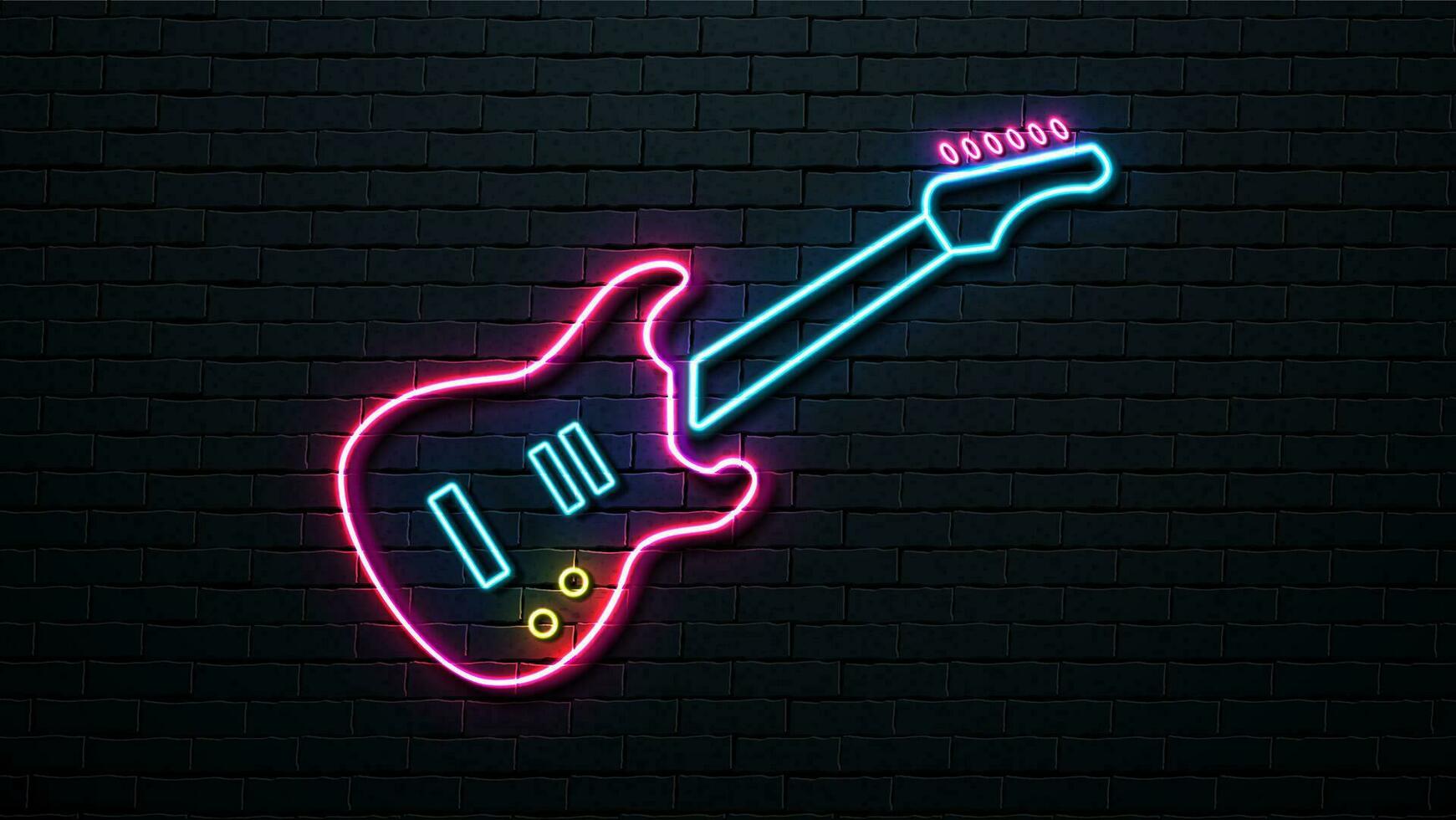 Neon guitar on the background of a brick wall. Retro signboard