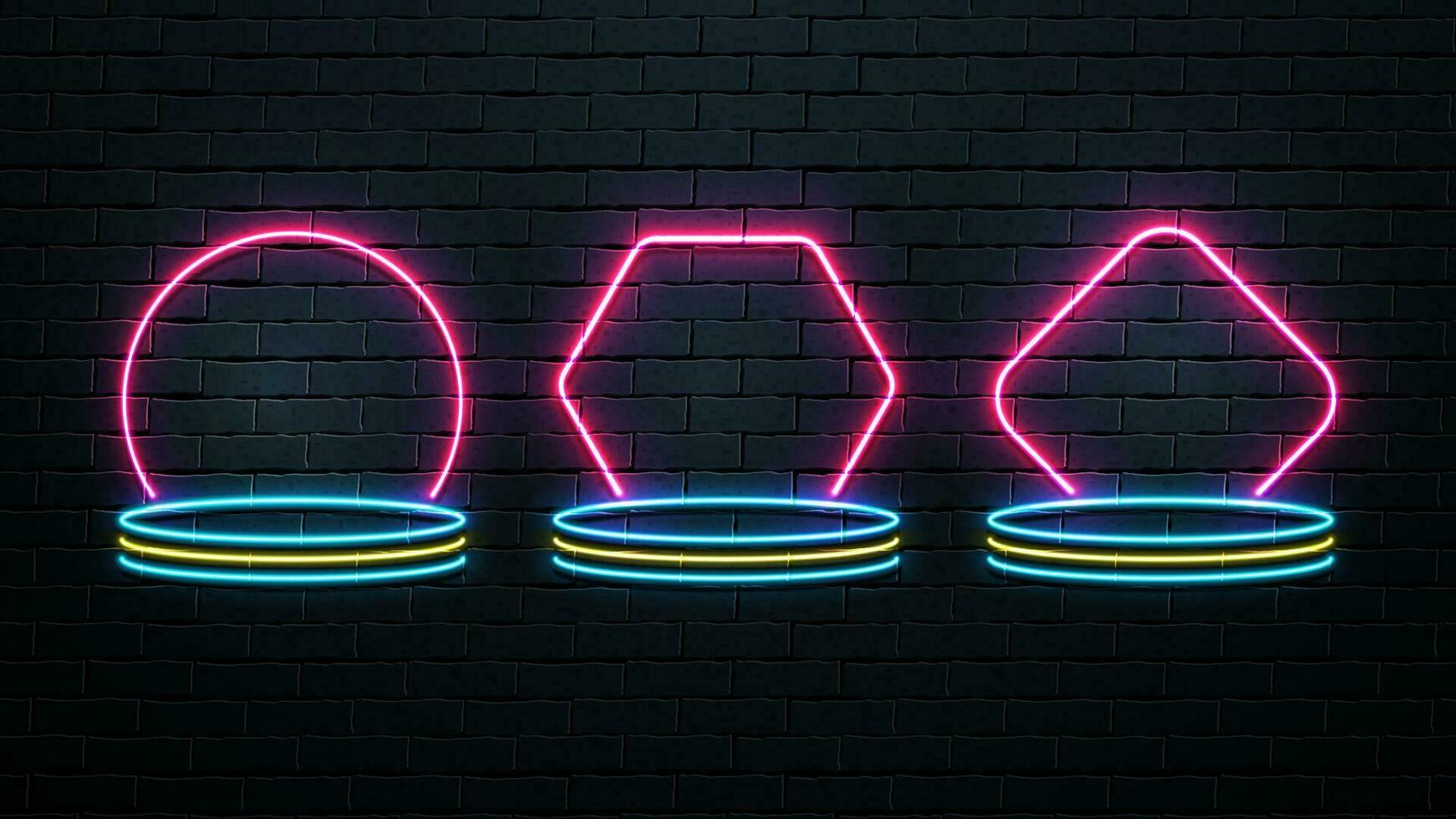 A set of podiums against a brick wall. Brightly glowing neon platforms. vector