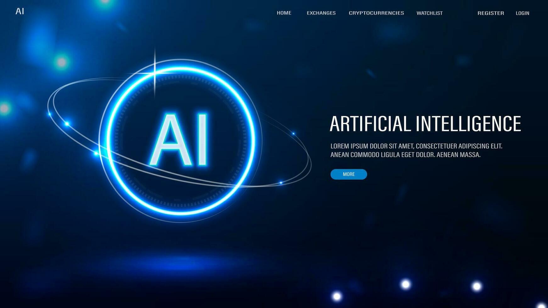 A web banner with a neon Artificial Intelligence symbol on a blue background. vector