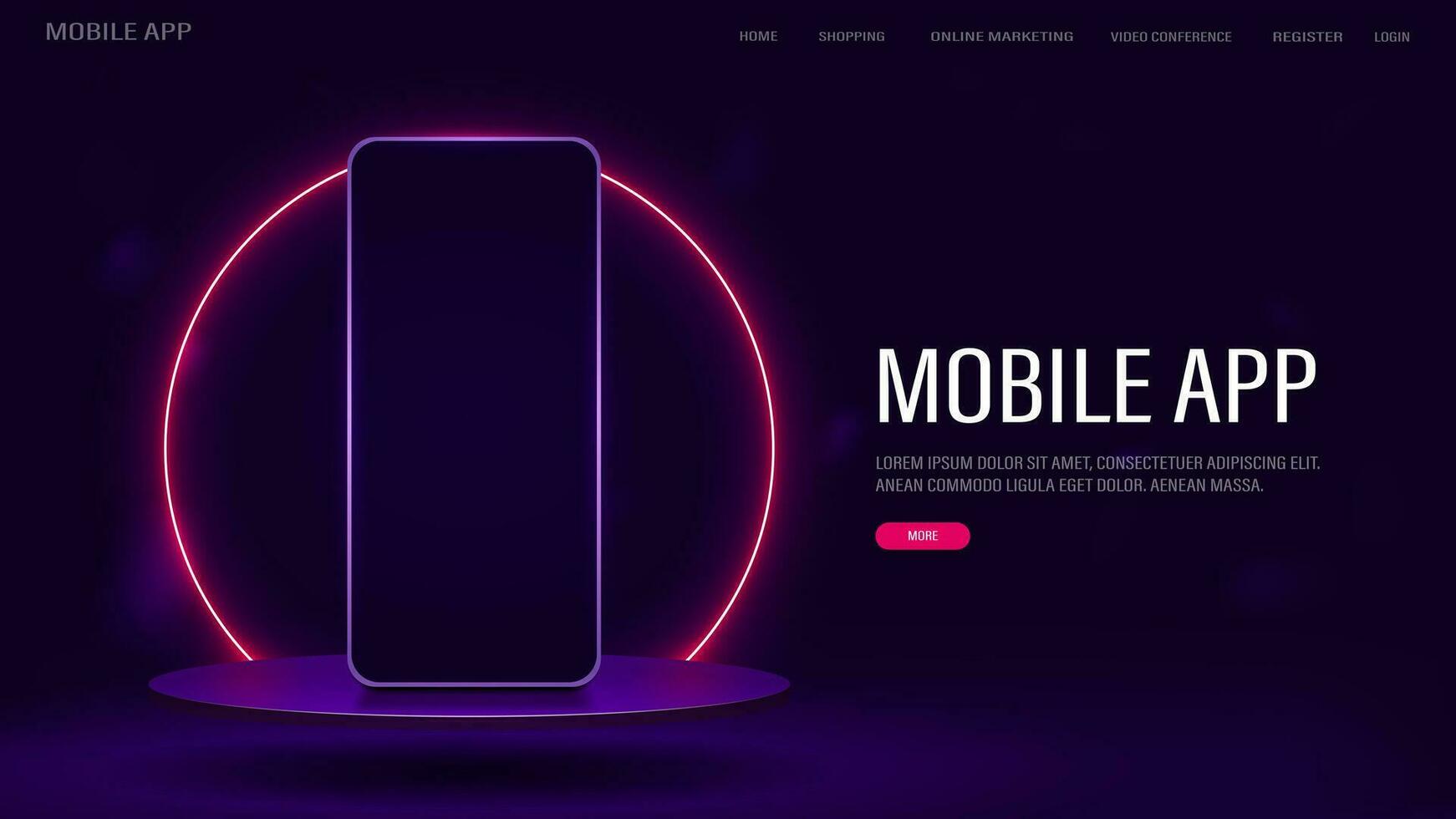 A web banner with a phone on a glossy podium with a neon pink frame. A concept for a website with a mobile application. A smartphone on a platform on a purple background. vector