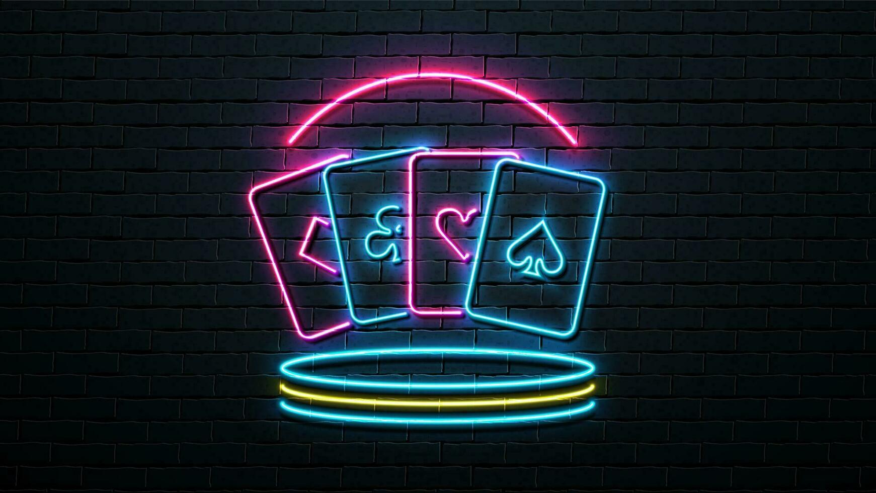 Neon poker cards on the platform. A bright composition on the theme of a casino on the background of a brick wall. vector