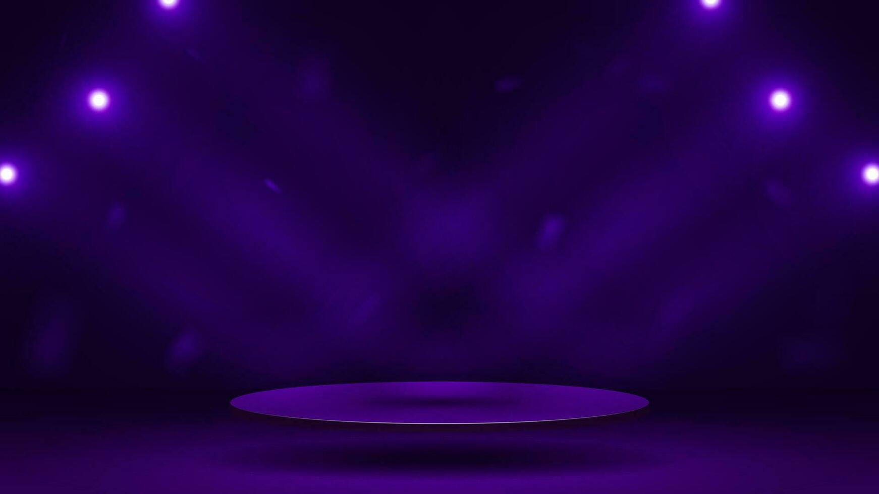 un vacío 3d podio en un habitación con brillante focos en un oscuro púrpura antecedentes. vector