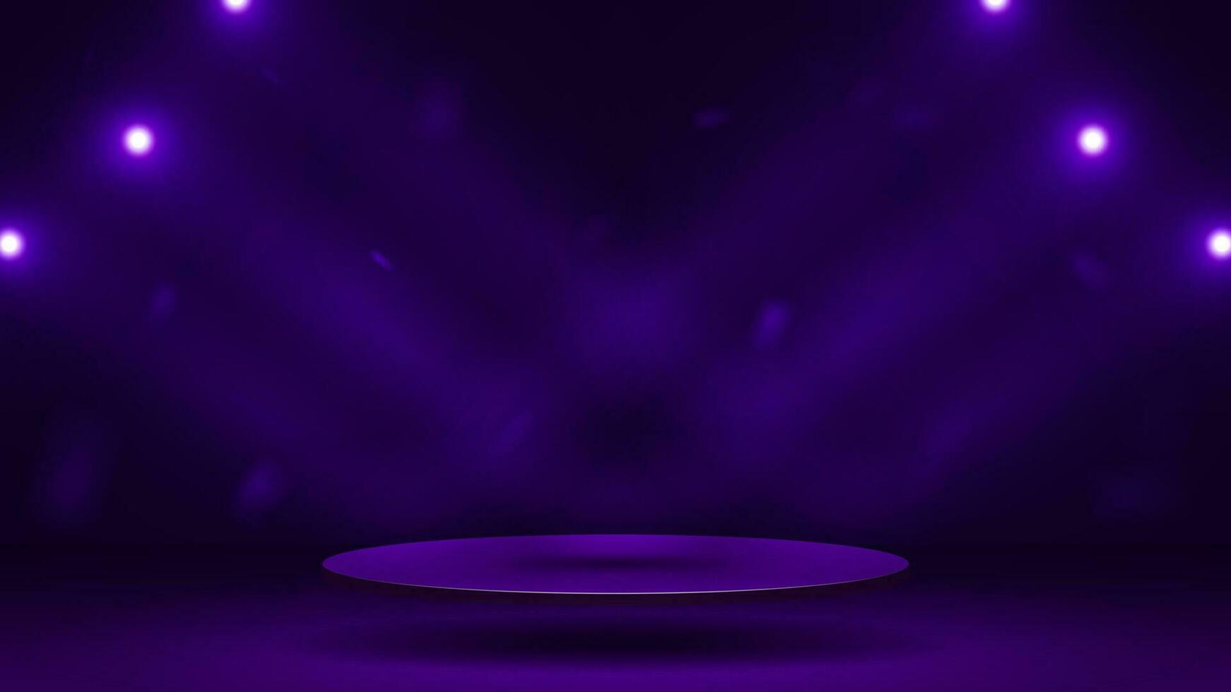 An empty 3D podium in a room with glowing spotlights on a dark purple background. vector
