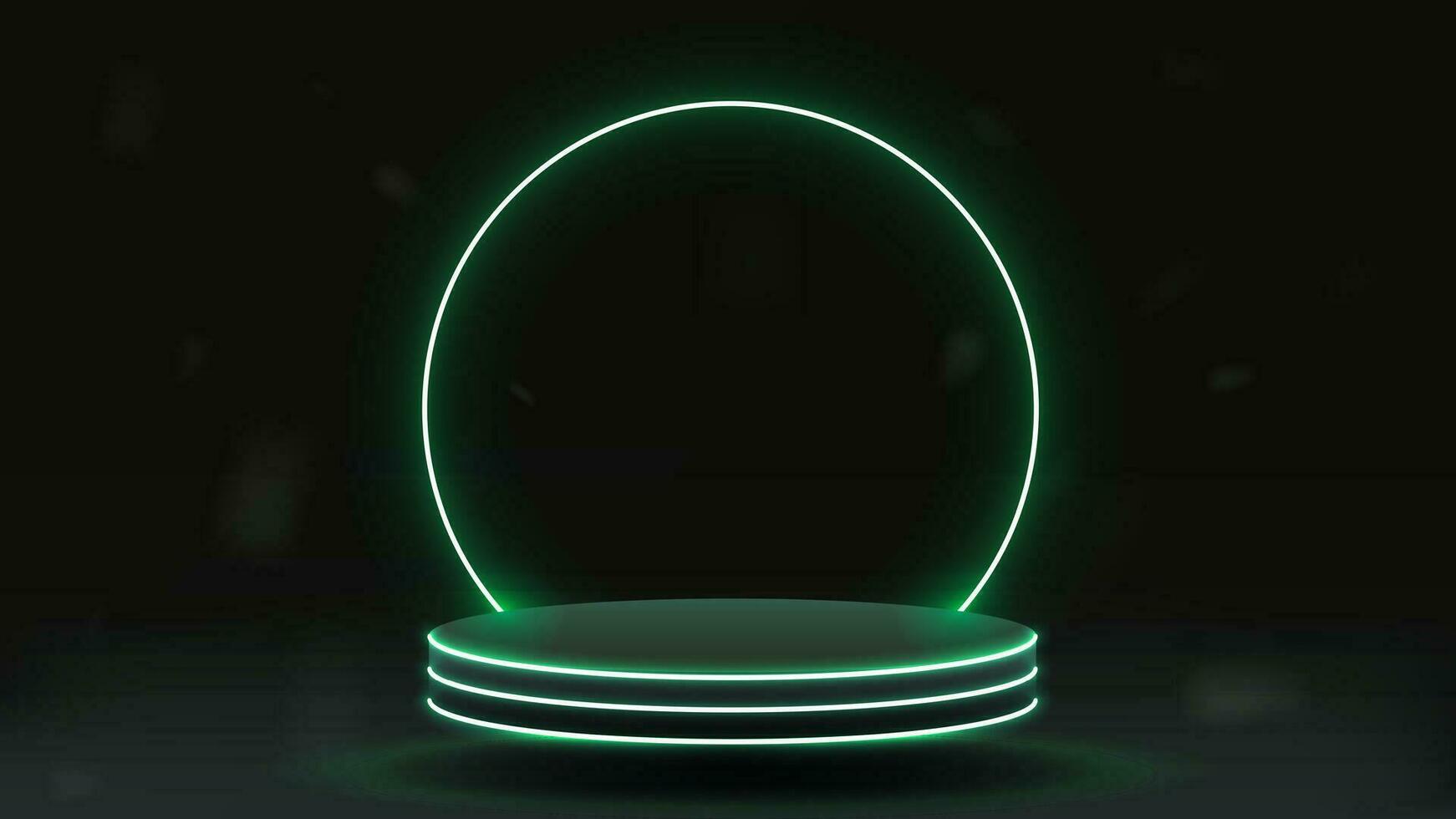 Bright green podium with neon arch. Platform on a dark background. vector