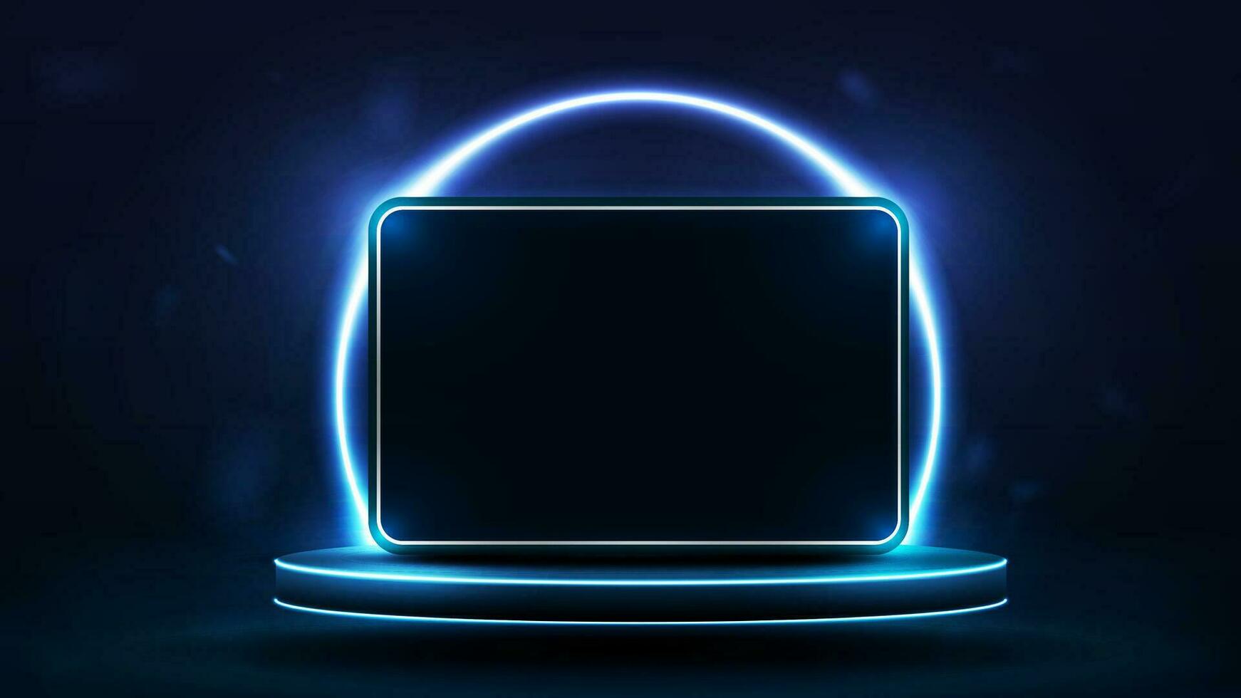 A tablet on a podium with a neon round arch on a dark blue background. vector