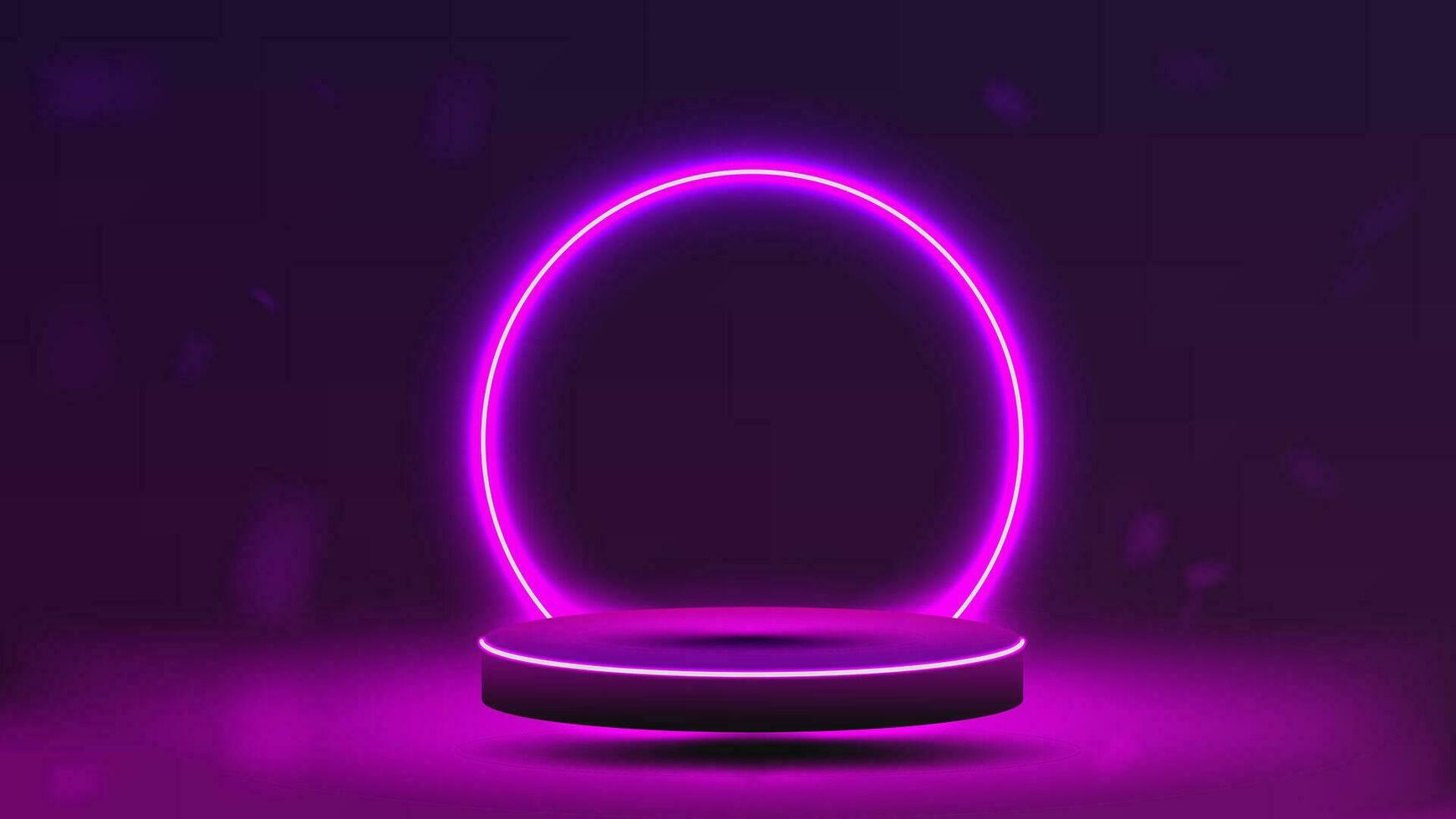 Empty purple with pink bright podium. Neon arch in the form of a circle above the platform . vector