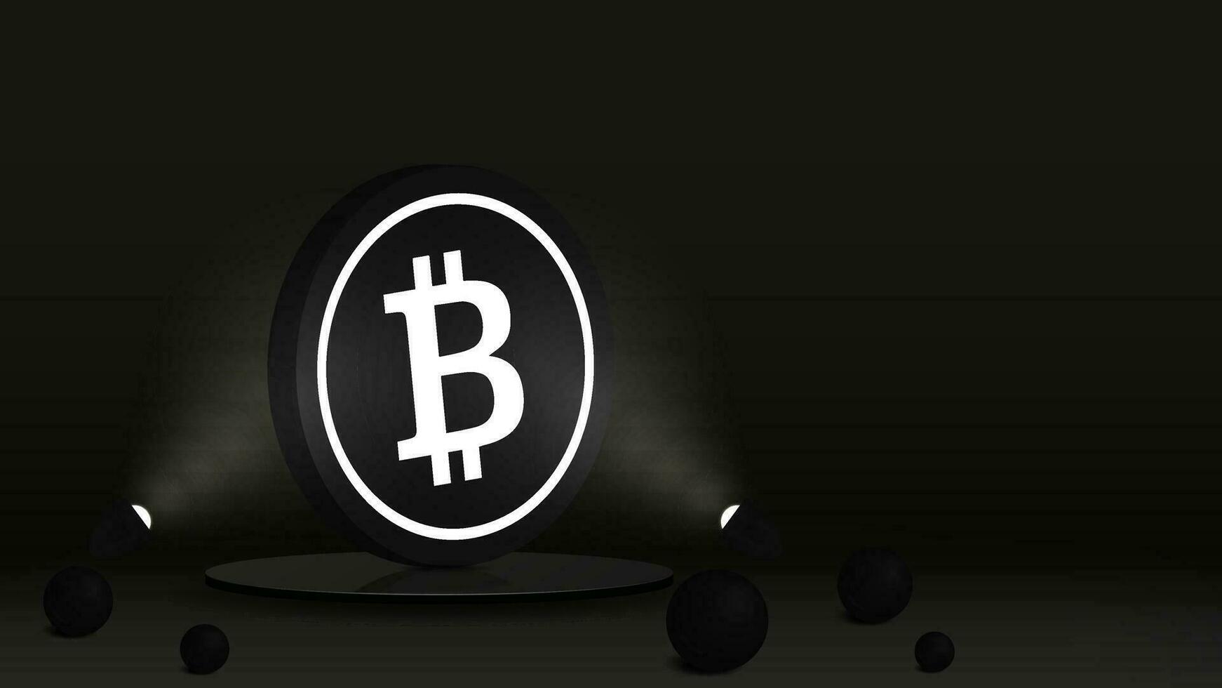 Banner to a website with a black bitcoin coin on a glossy podium illuminated by spotlights. The concept in the form of a poster for cryptocurrencies and blockchain technologies. vector