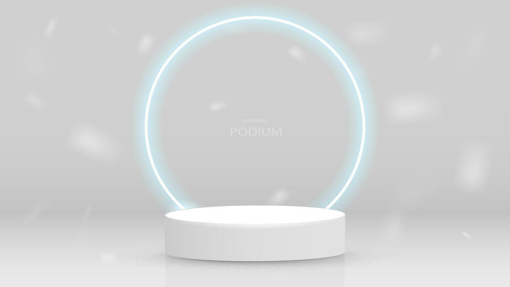 An empty white podium on a gray background with a bright shiny neon round frame. A platform with a shadow in the room. vector