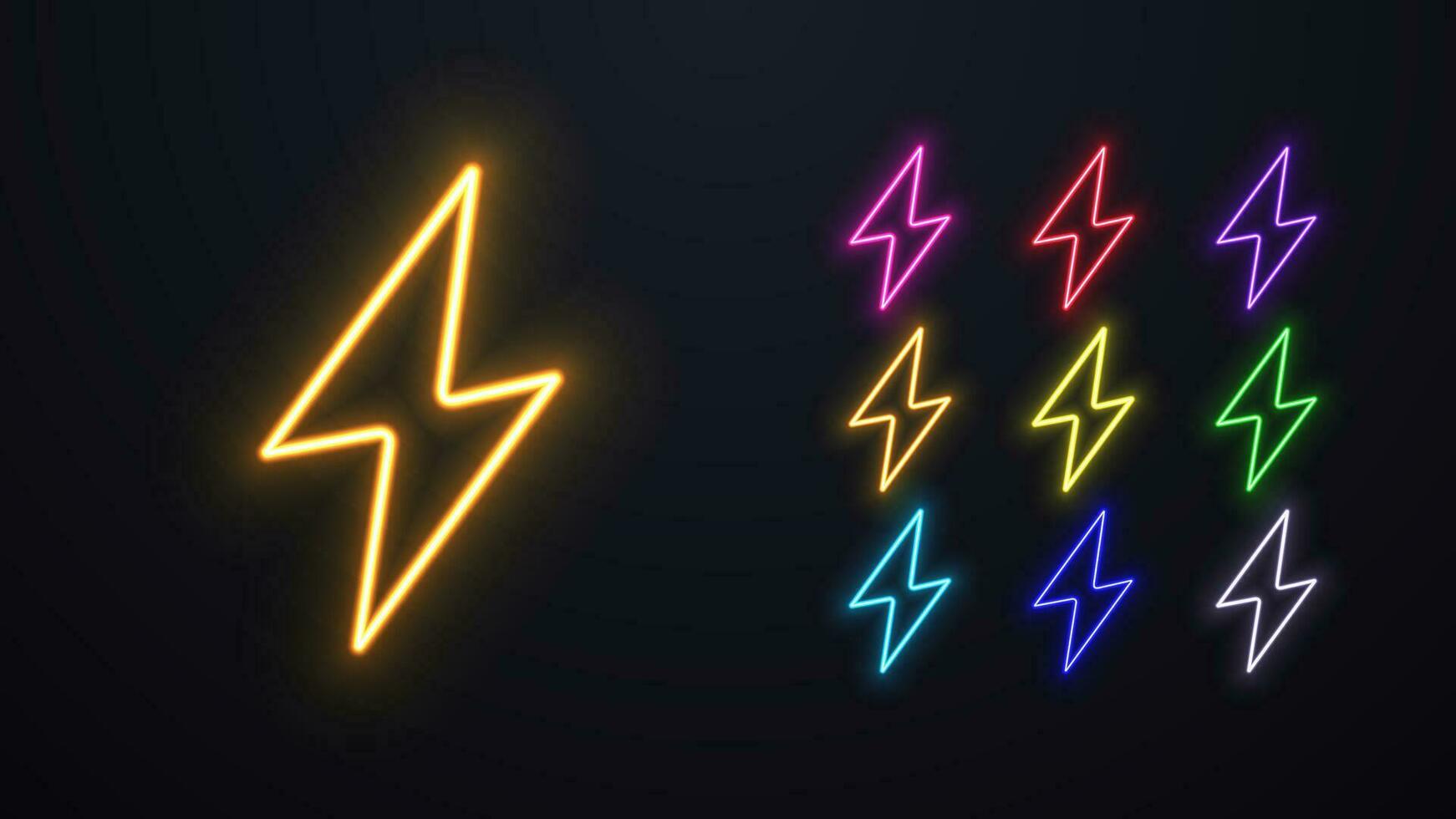 A set of neon lightning icons in different colors. vector