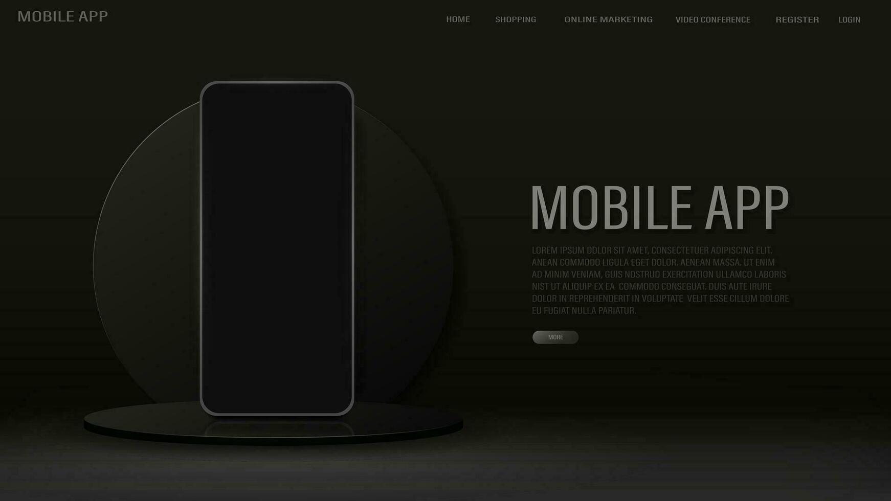 A banner with a phone on the podium with a glass circle on the background. A concept for a mobile app and online shopping on a black and white background. vector