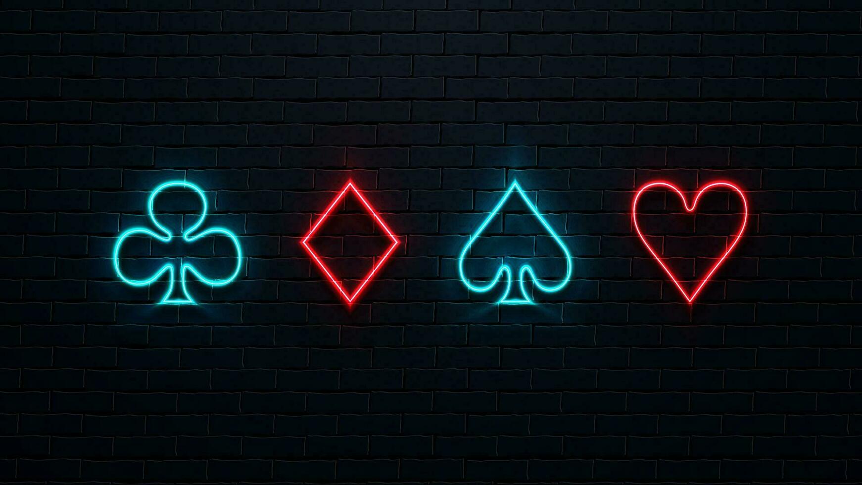 Four neon suits of cards on a brick wall background. Red and blue bright icons diamonds, hearts, spades and crosses vector