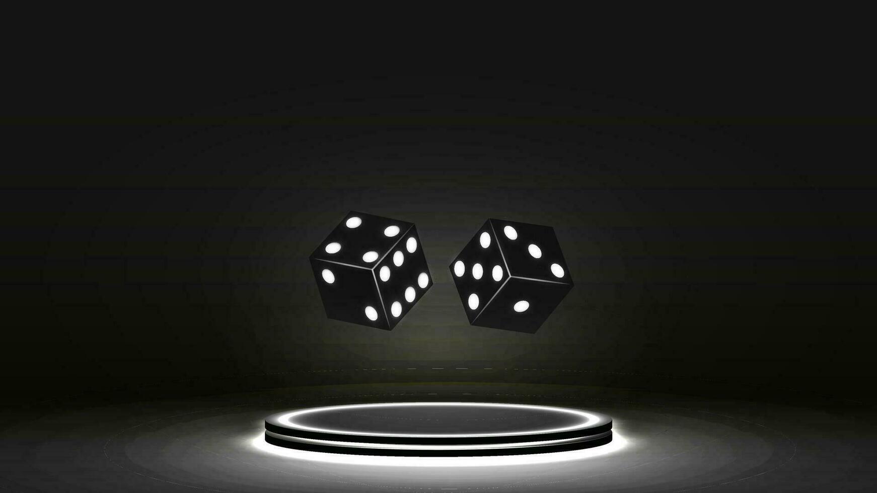 Black glowing floating poker dice on a podium with neon lights. A concept for a casino. vector