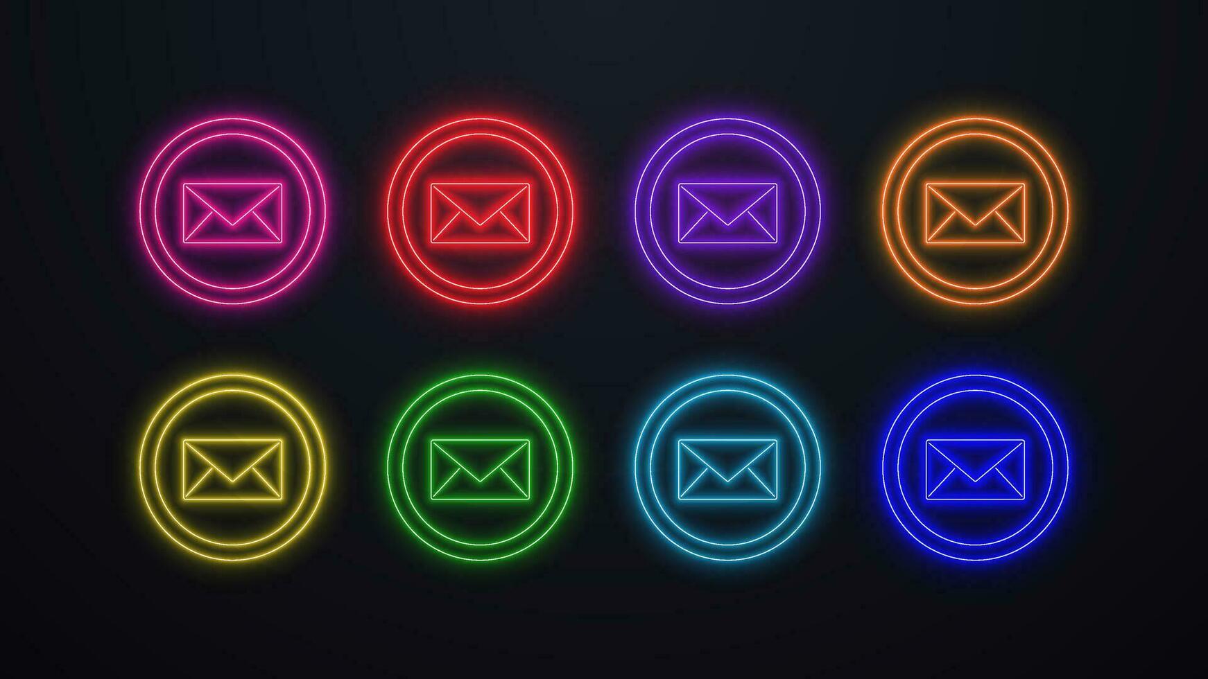 Neon envelope icon in a shiny glowing circle in colors green, blue, orange, yellow, purple, pink, and red on a dark background. The concept for electronic email. vector