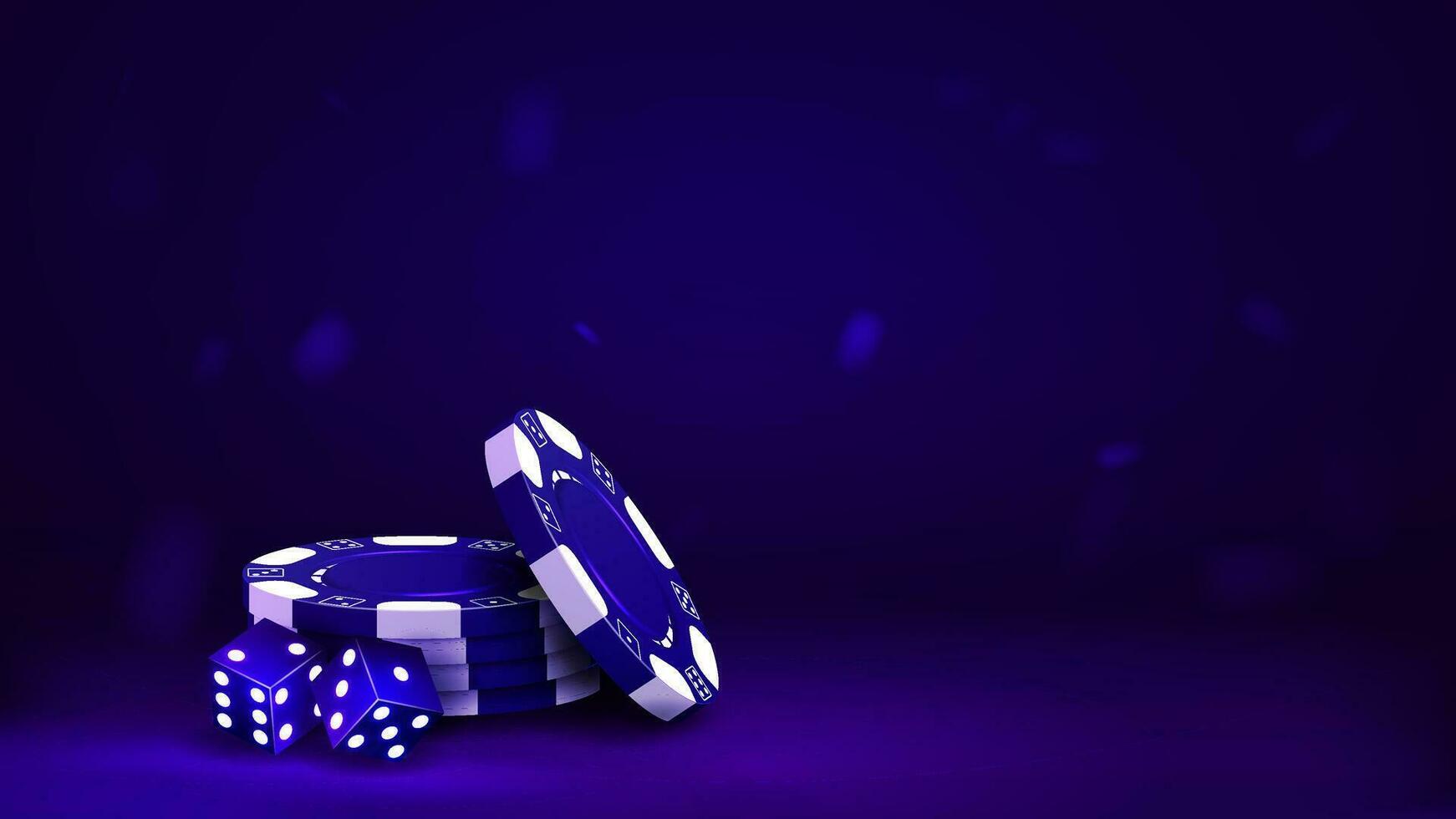 3d póker papas fritas y dado en azul. un concepto para un casino en un brillante brillante antecedentes. vector