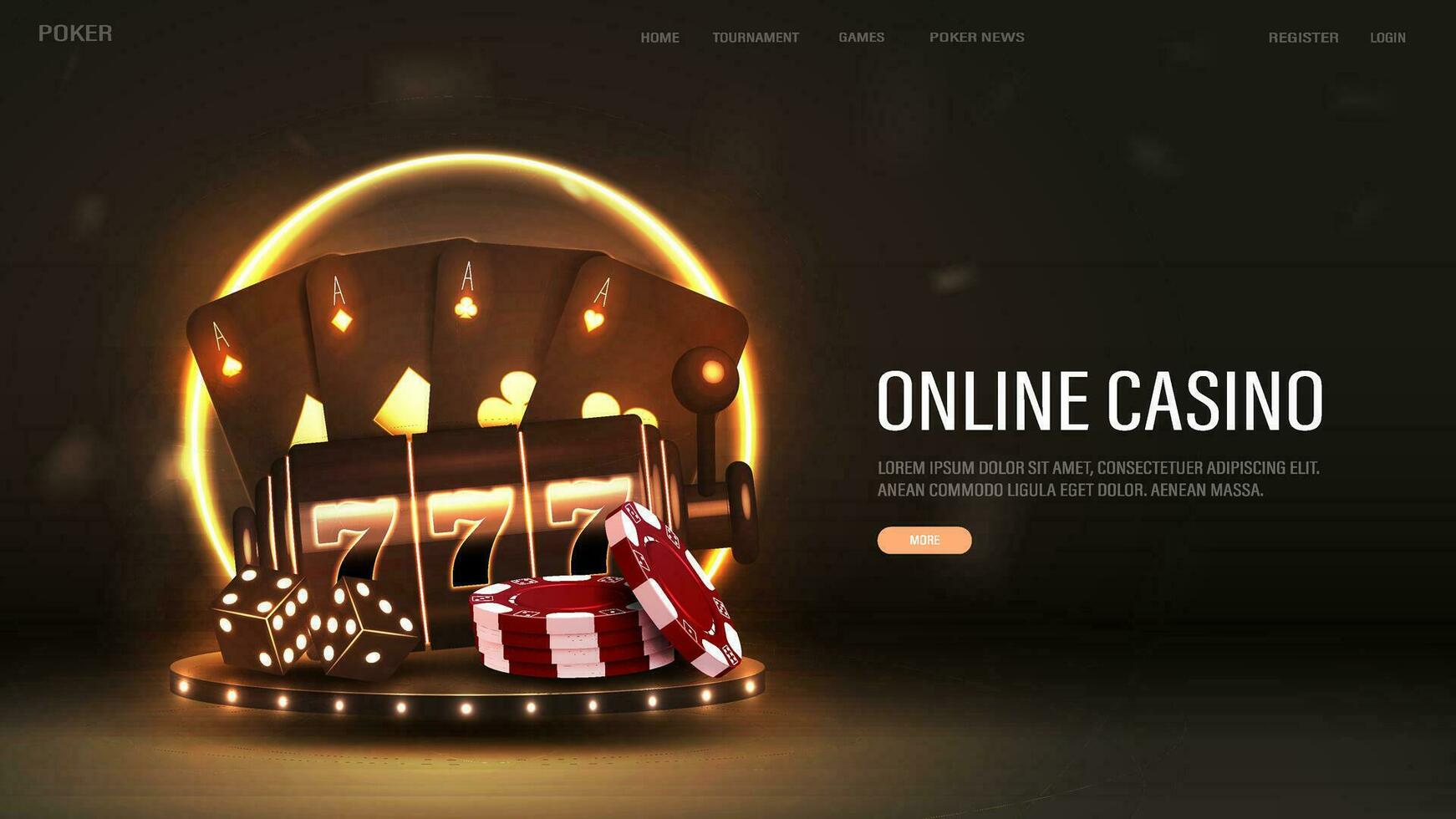 A web banner for a casino with poker cards, dice, red chips and a slot machine on a podium with a neon gold frame on a black background with text. vector