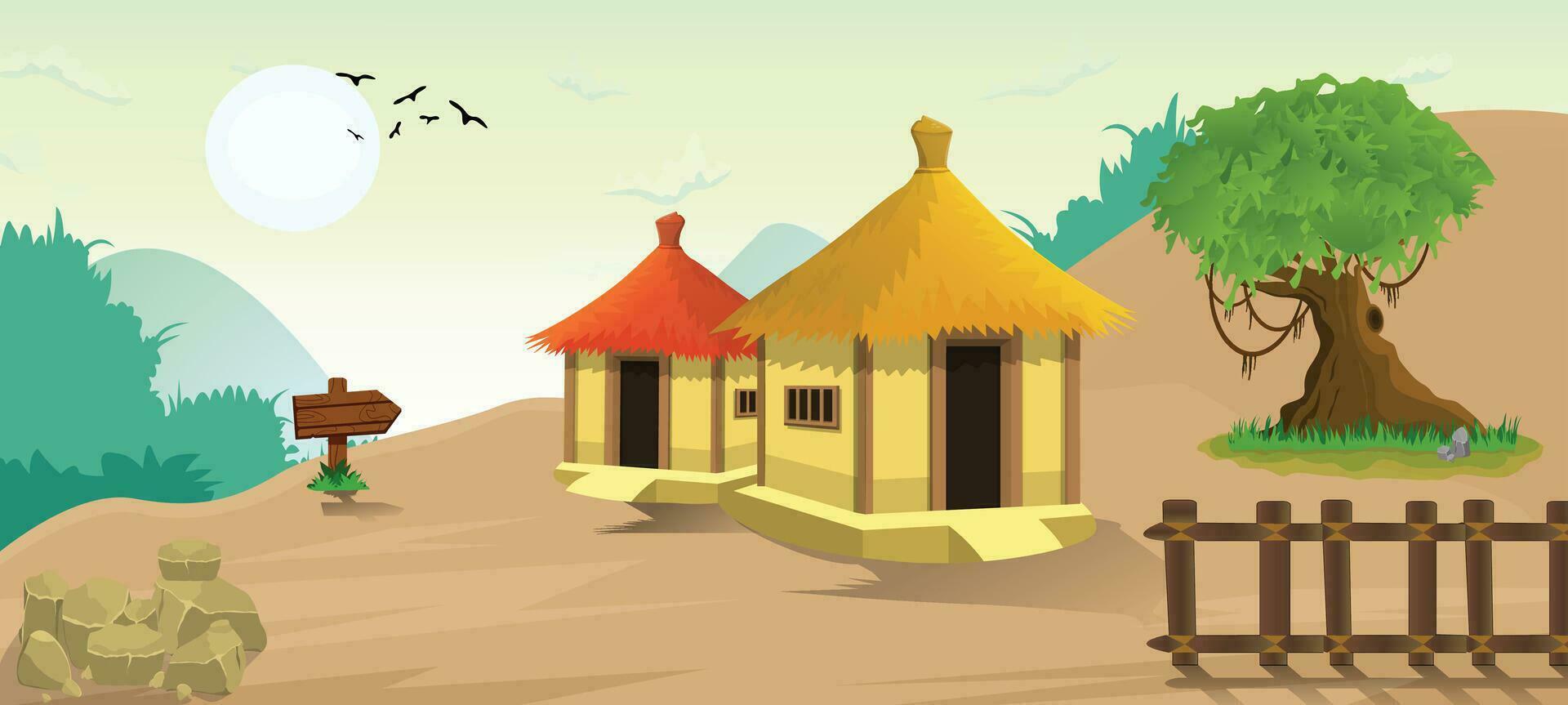 Lovely nature landscape village on a hill evening illustration, with stylish flat design, trees, banner and field cartoon background vector