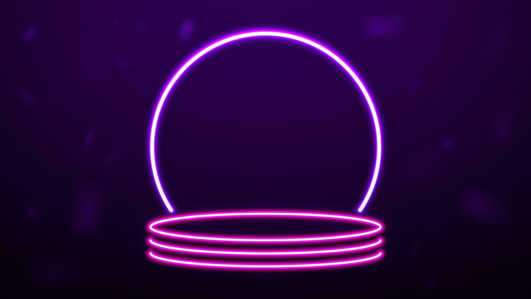 An empty neon podium on a purple background. Bright 3D platform. vector