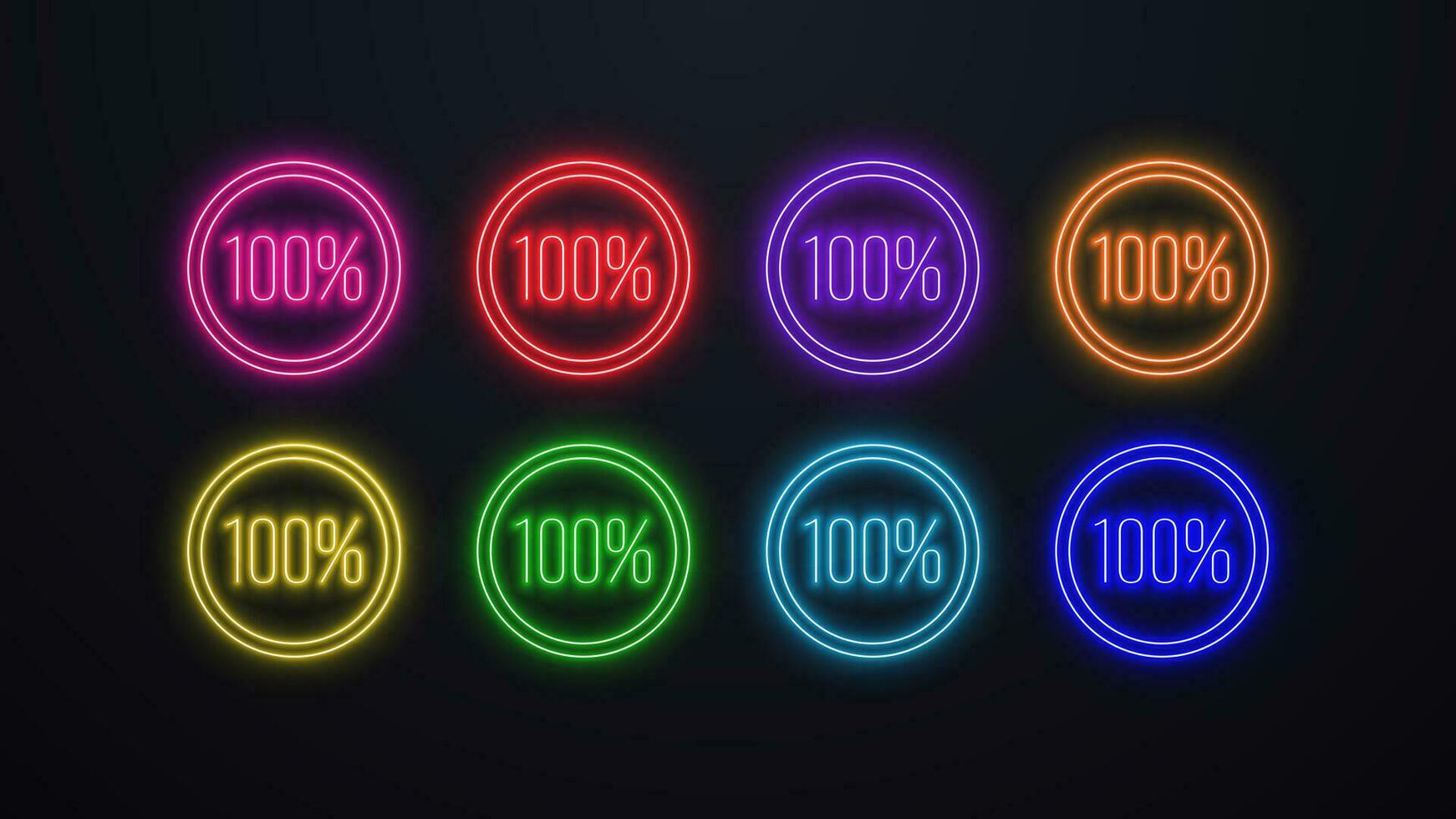 A set of neon bright glowing icons 100 in a circle in colors green, blue, purple, red, yellow, orange and pink on a black background. One hundred percent. vector