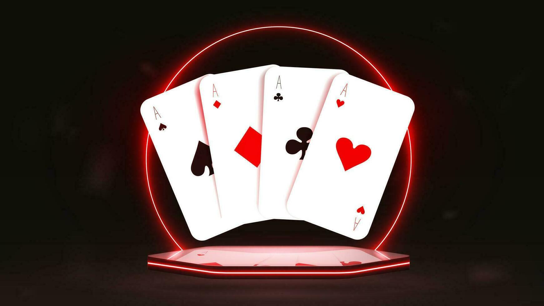 Realistic poker cards on a bright neon podium with a shiny arch. A concept for a casino. vector