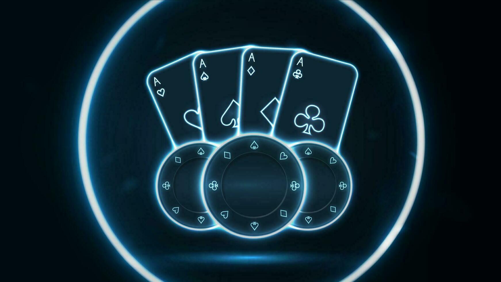 Playing cards and poker chips in a neon circle. vector