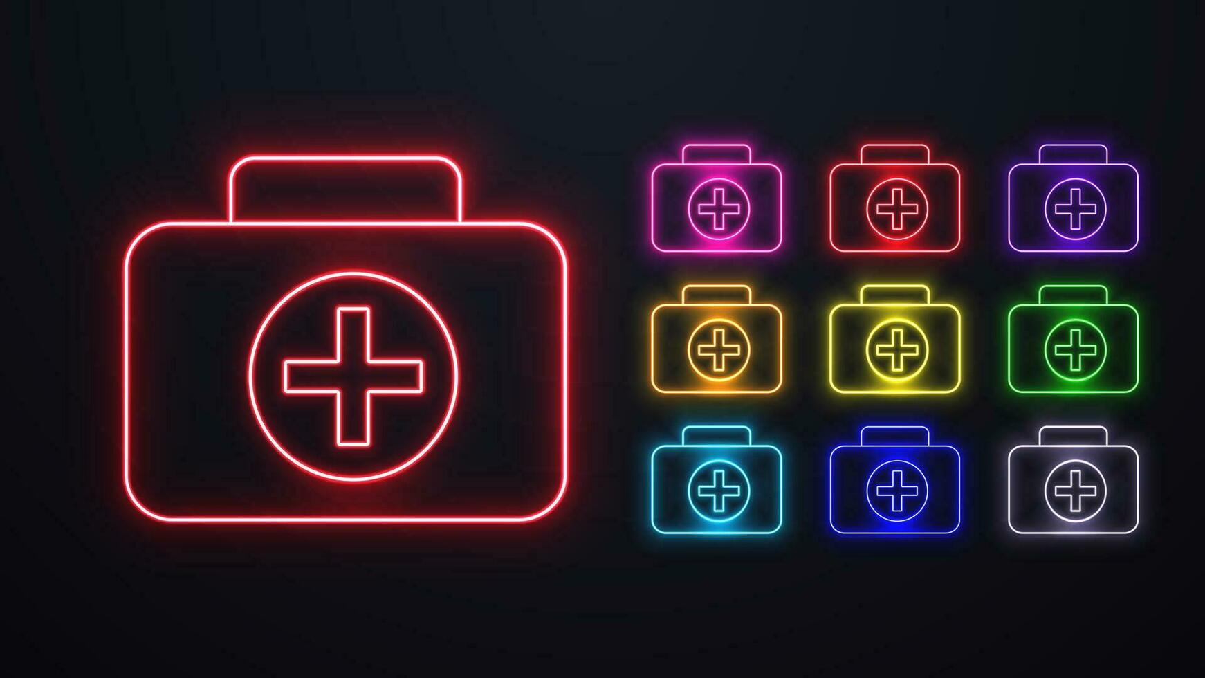 A set of neon suitcases with a cross icon for medicines in the hospital. vector