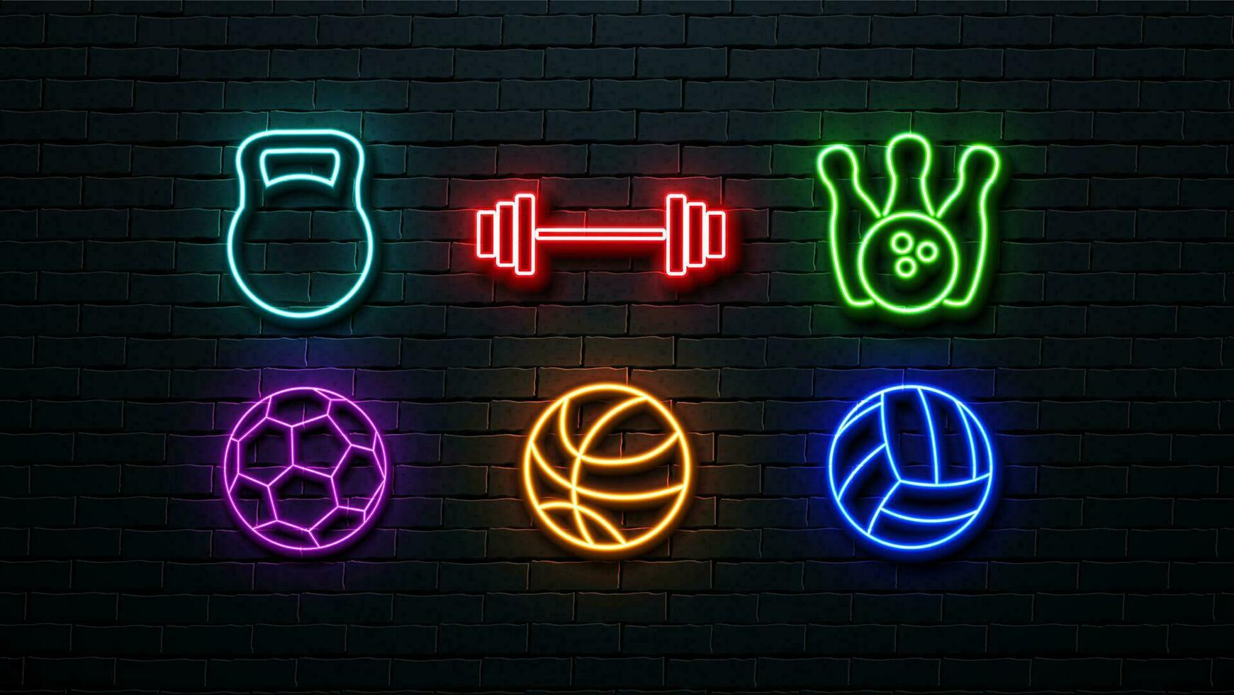 A set of neon icons a football ball, a volleyball ball, a basketball ball, a kettlebell, dumbbells and bowling pins with a bowling ball on a wall background. vector