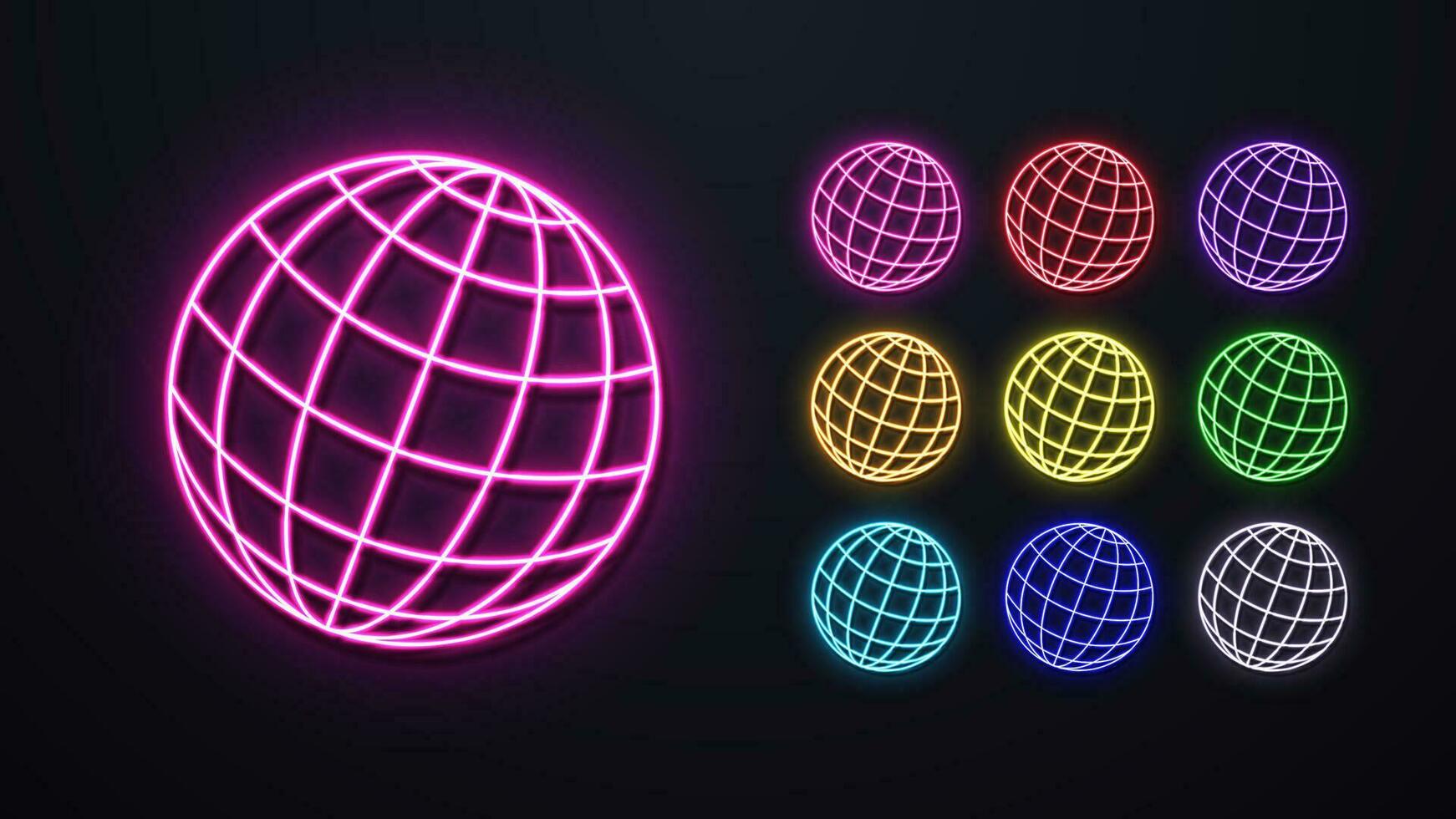 A set of neon globes icons. Logo of the planet earth in different colors. vector