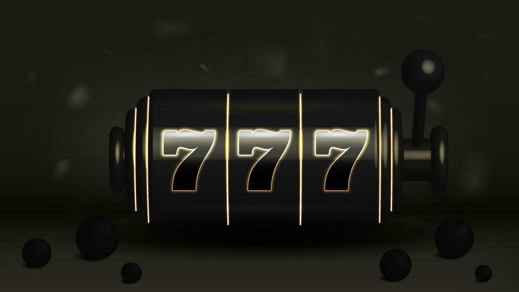 Black and gold bright shiny neon slot machine with three sevens for casino games. Banner for the website. vector