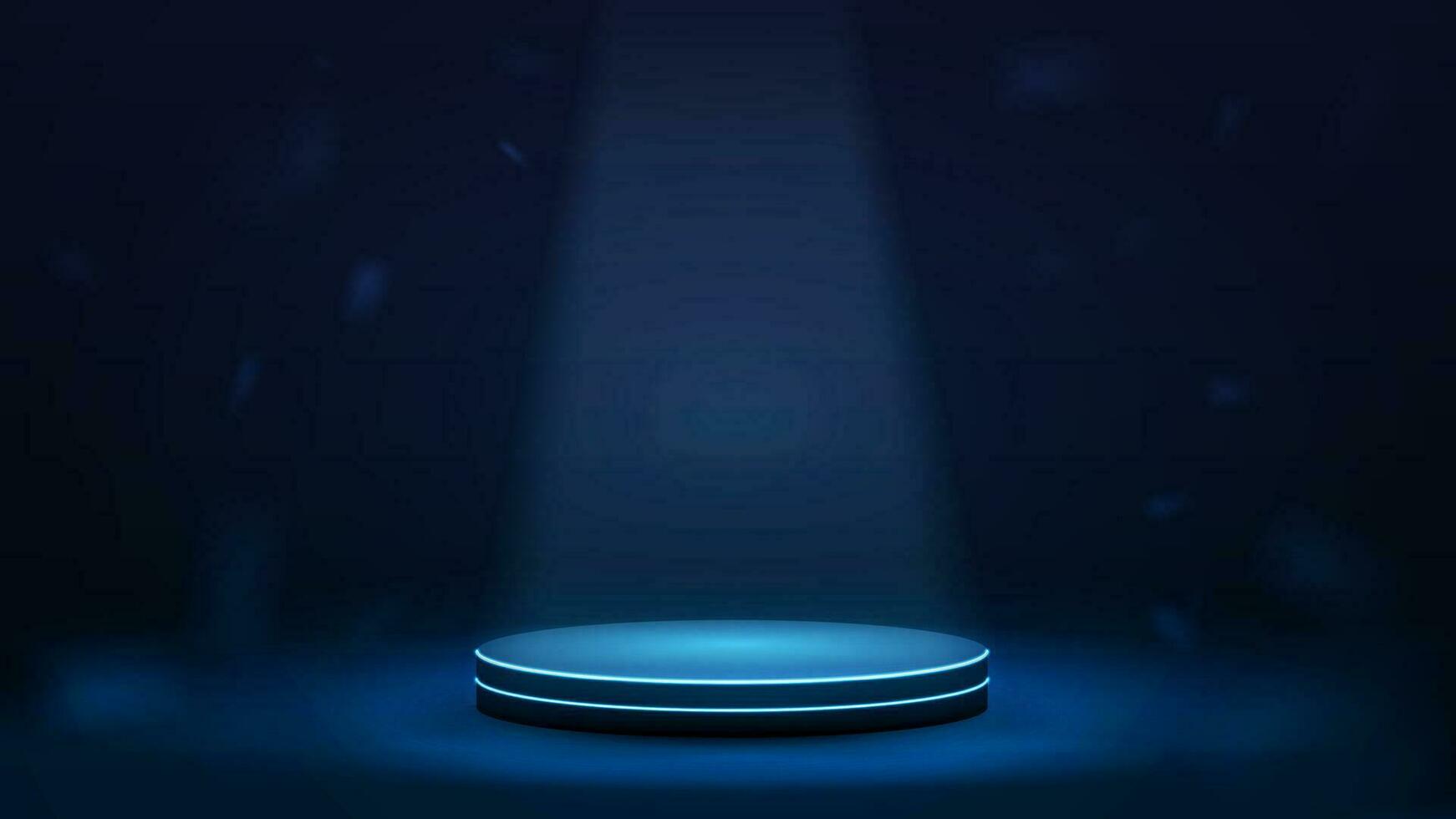 Round floating podium on a dark blue background with lighting. vector