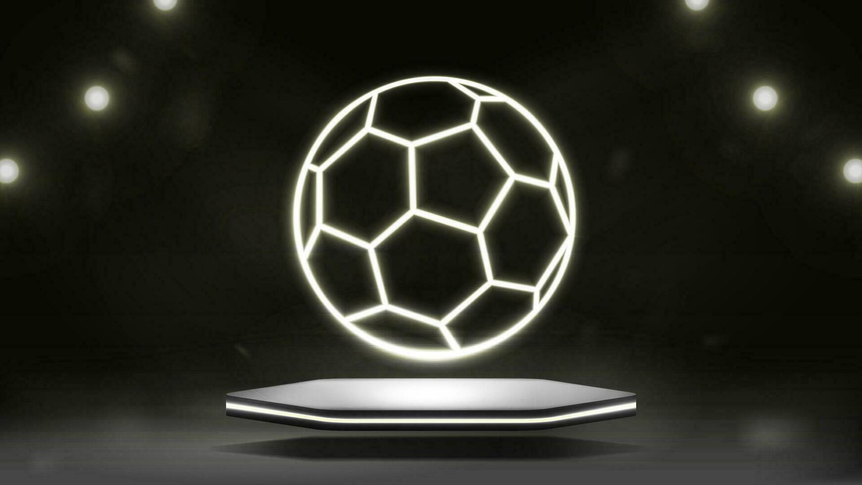 Neon bright soccer ball on the podium with shining spotlights. Background for a sports banner. vector