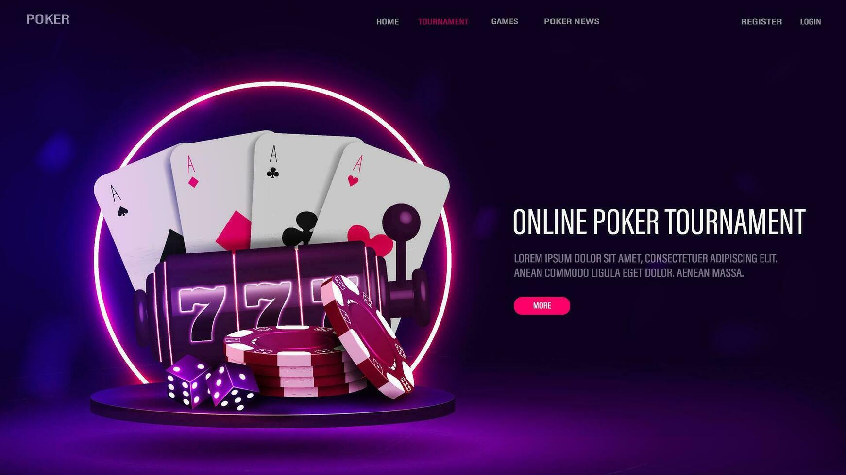 A web banner with poker cards, dice, chips and a slot machine on the podium with a neon bright frame in blue and purple. A concept for a casino. vector