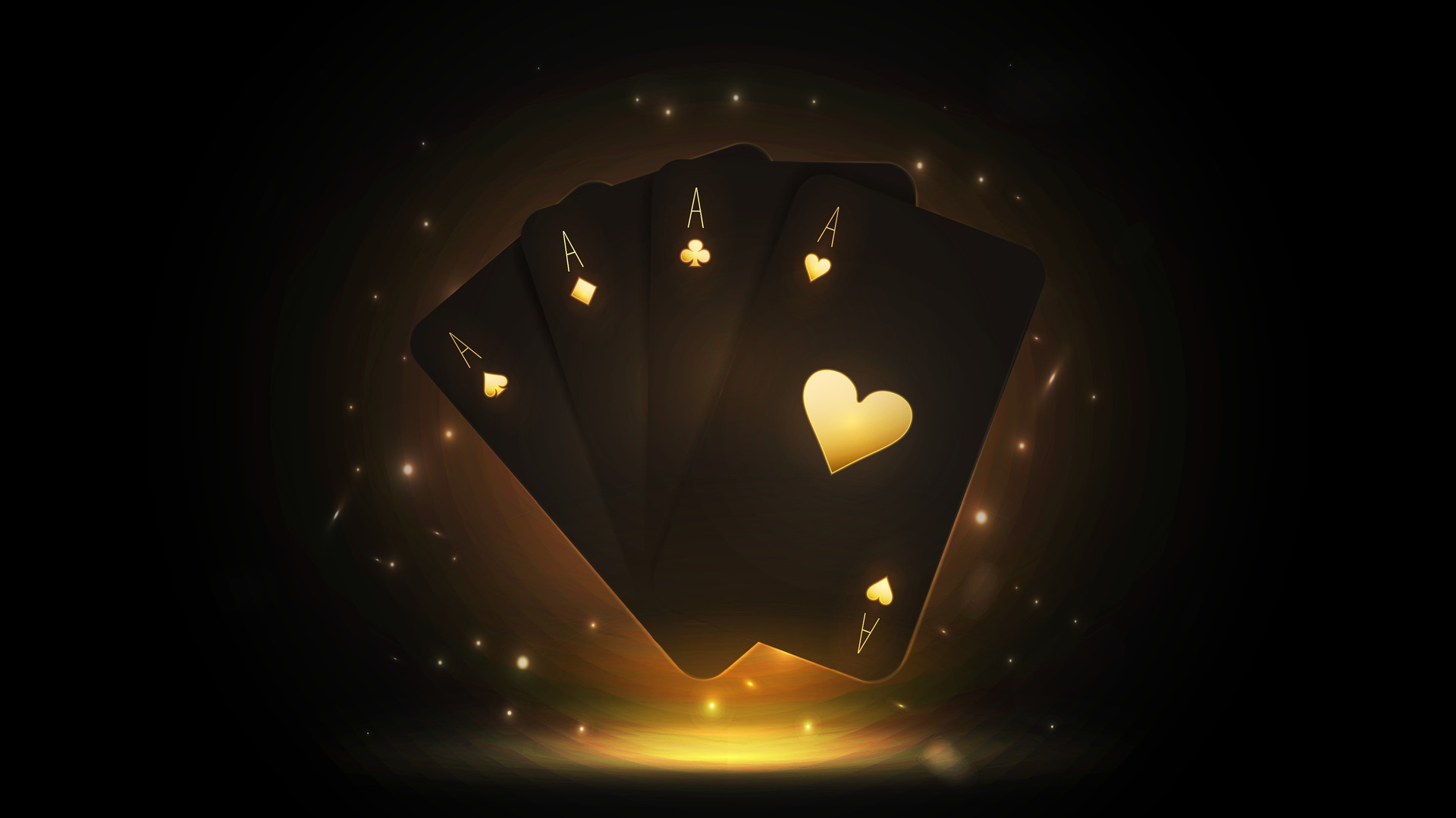 Black and gold poker cards on a shiny background. A composition of four
