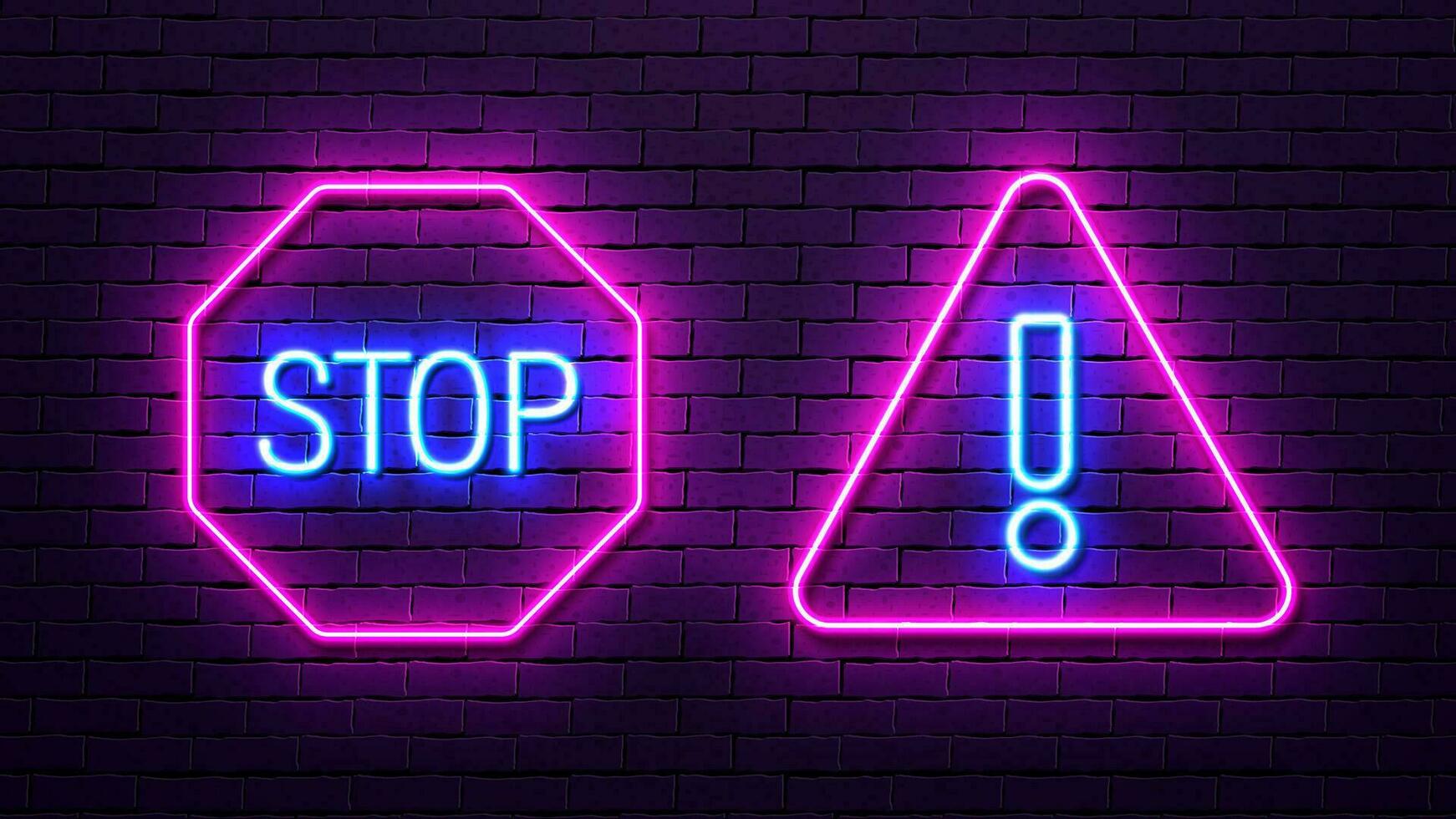 Neon warning signs stop in the octagon and exclamation mark in the polygon. Bright blue and pink forbidding icons. vector