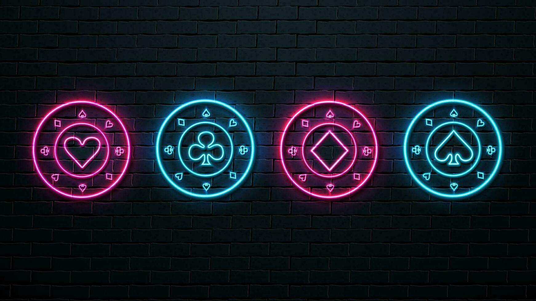 Neon casino chips on a brick wall background. vector