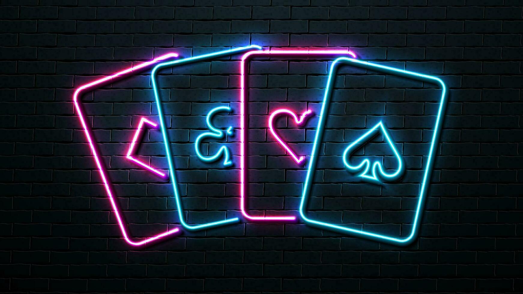 Neon cards of the suit hearts, diamonds, spades and crosses on the background of a brick wall. vector