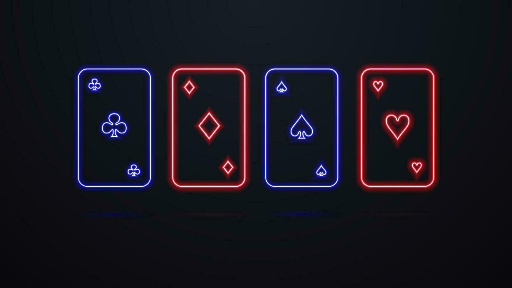 Four neon cards of different suits. Red and blue, bright glowing silhouettes of cards. vector