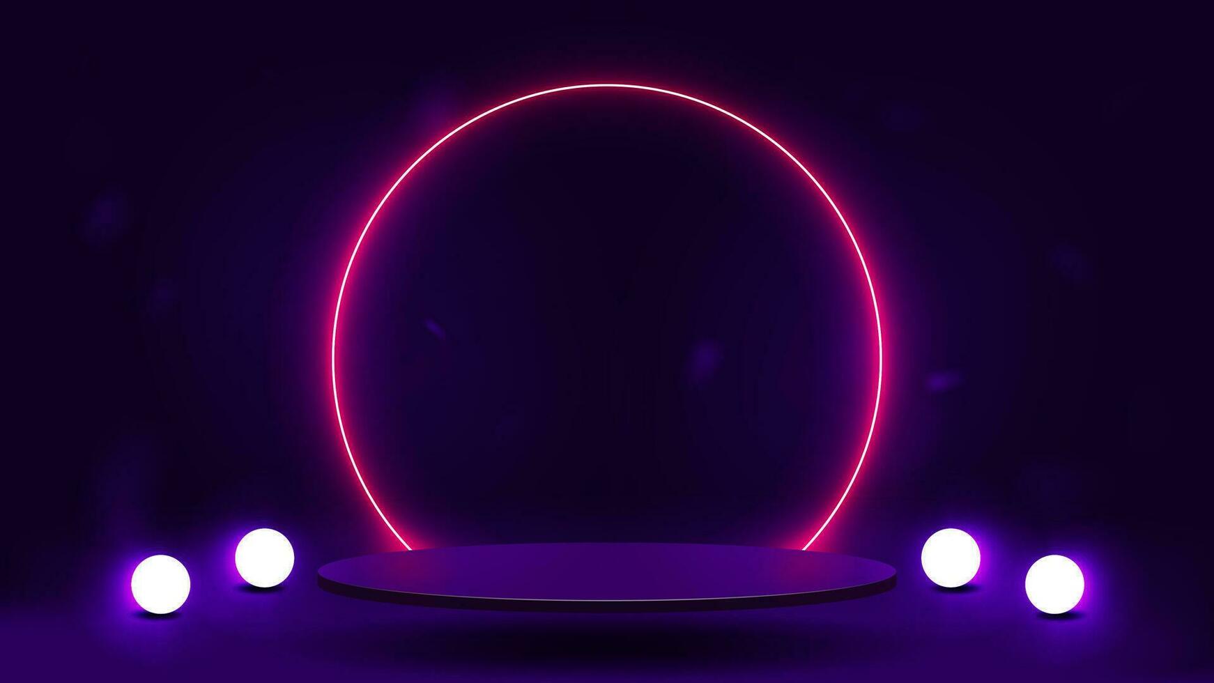 An empty podium with a bright pink neon round frame. A platform with bright white glowing balls on a purple background. vector