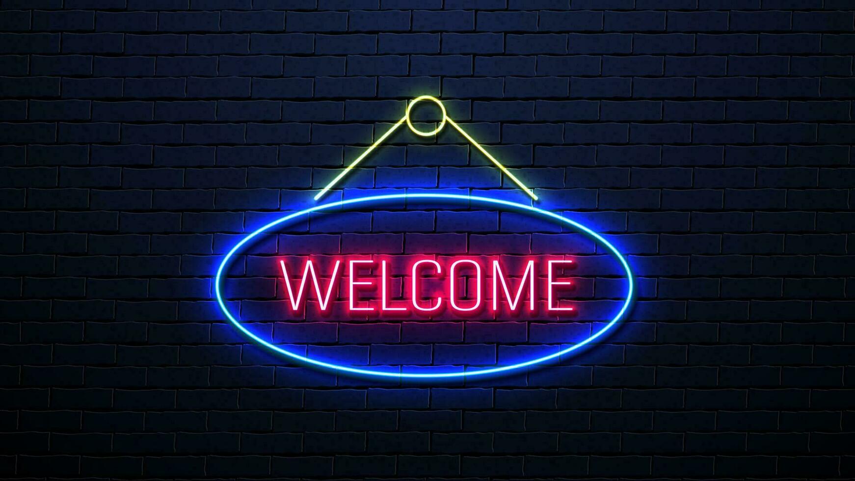 Neon bright welcome sign on the background of a dark brick wall. vector