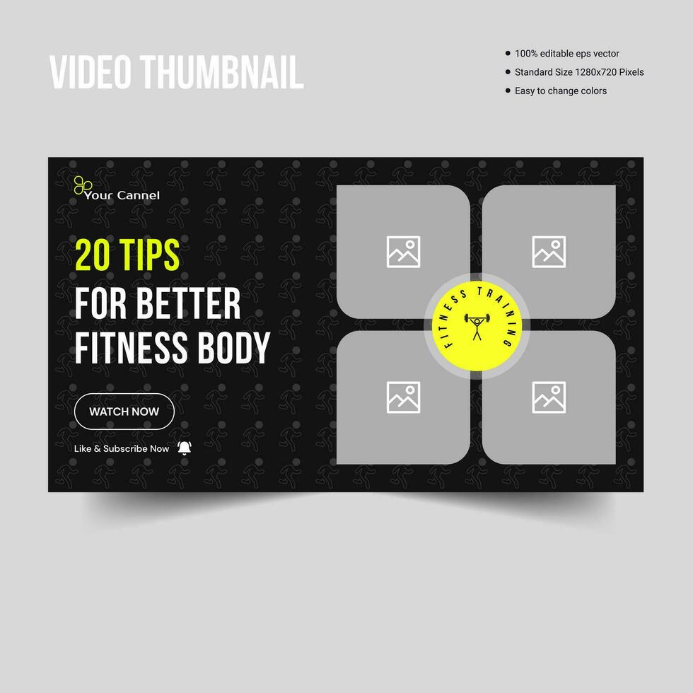 Vector thumbnail modern editable gym fitness thumbnail or web banner template, daily workout video cover design