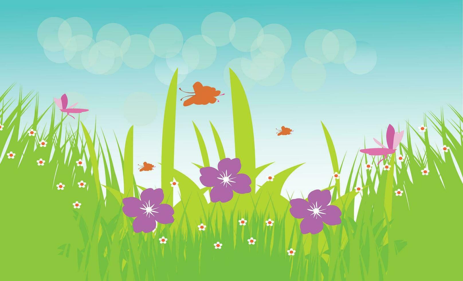 Vector landscape spring background with flowers.