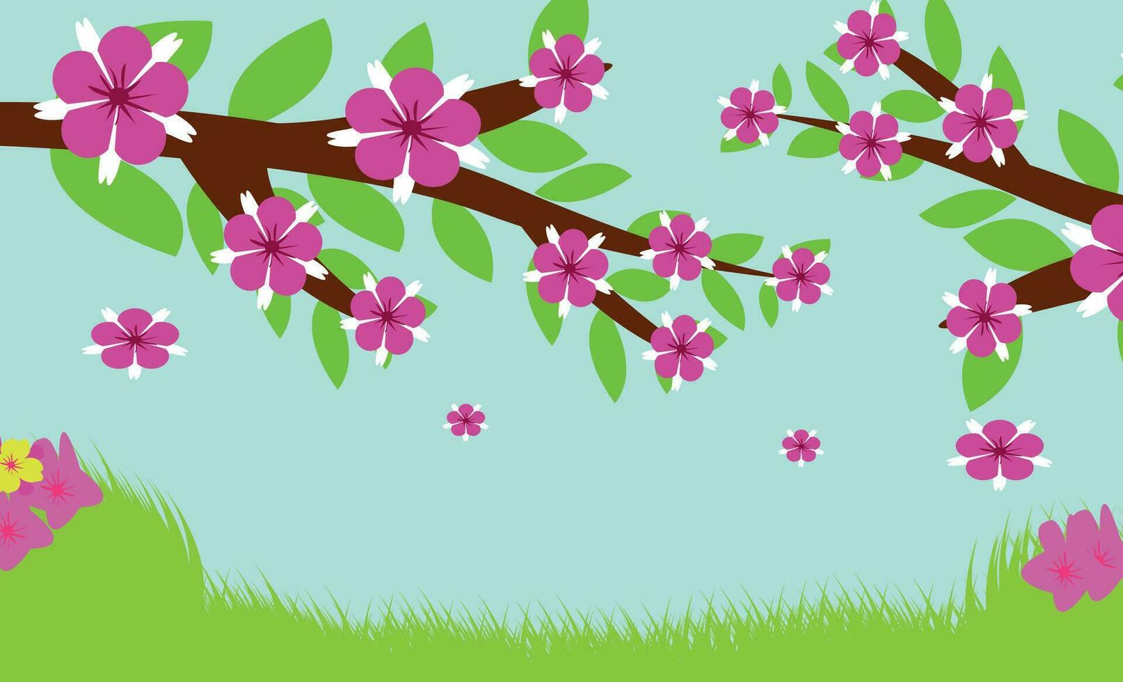 Vector landscape spring background with flowers.