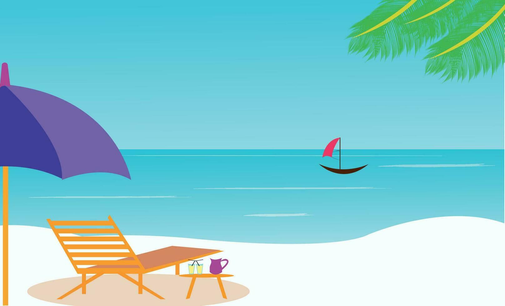 Summer holidays background. Umbrellas, desk chair, ball, lifebuoy, sunblock, starfish, and coconut cocktail on a sandy beach vector