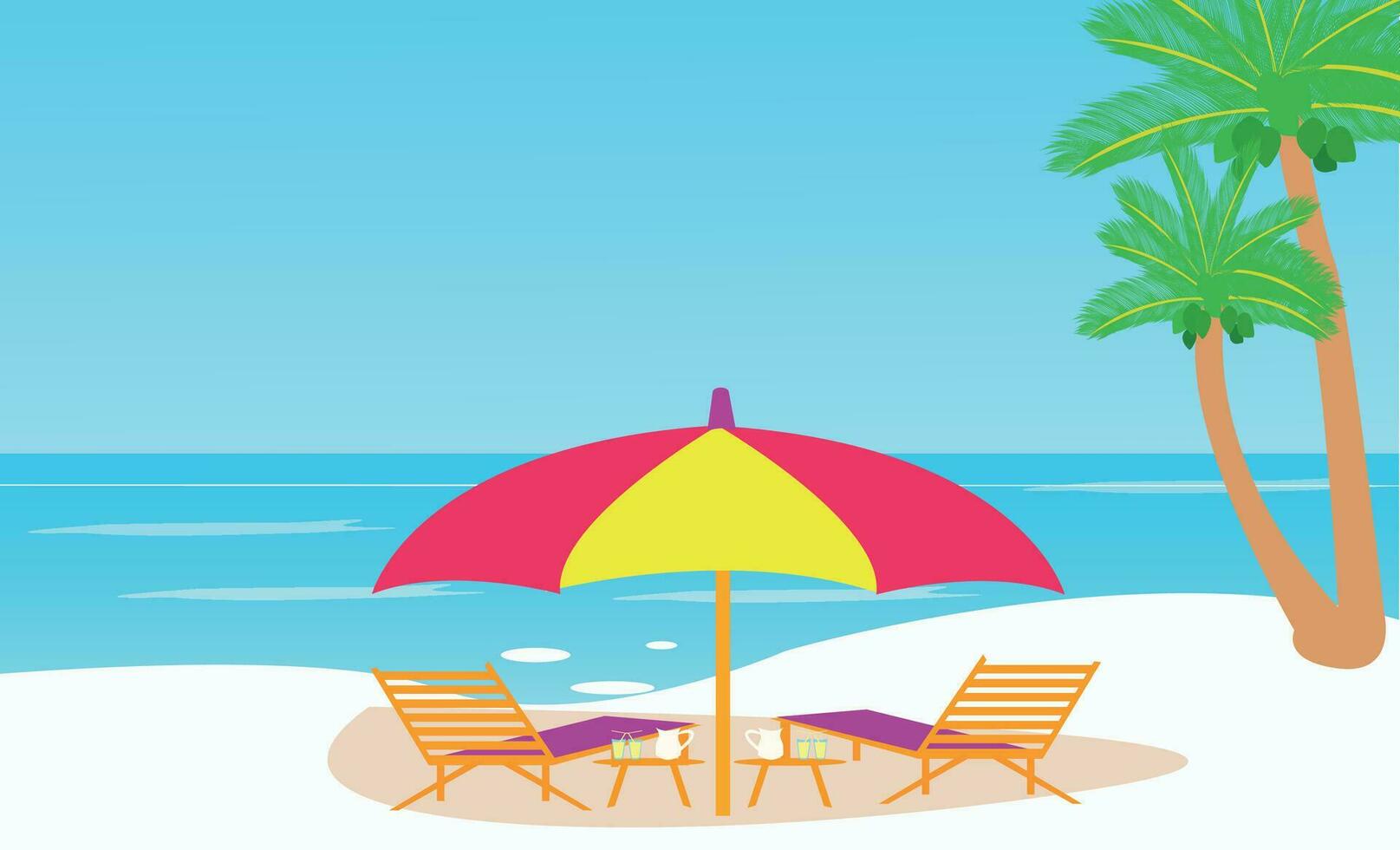 fondo de vacaciones de verano. sombrillas, silla de escritorio, pelota, aro salvavidas, bloqueador solar, estrellas de mar y cóctel de coco en una playa de arena vector